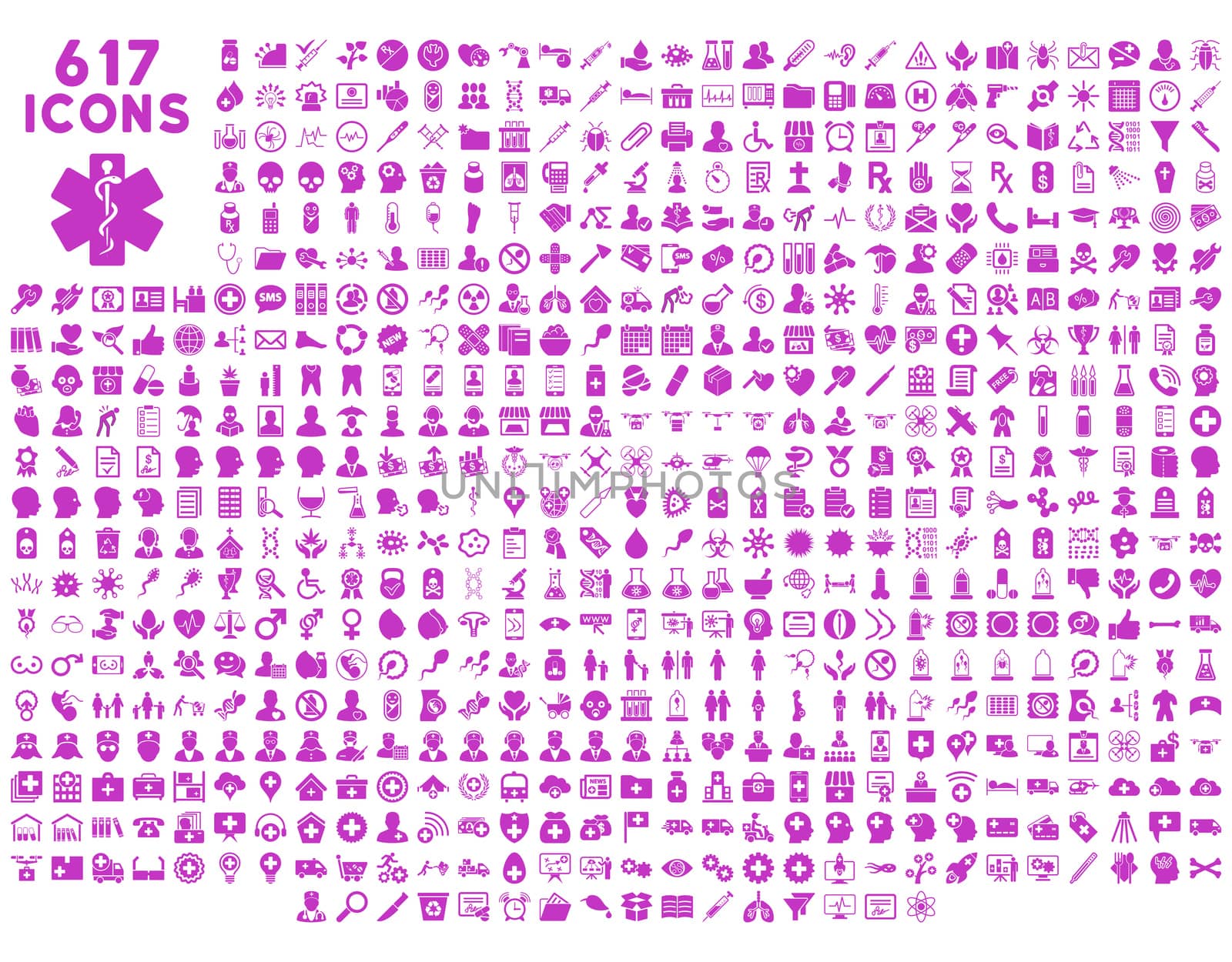 Medical icon collection related to service, health care, pharmacy business, drugstore, science. Glyph style is flat, violet symbols, rounded angles, white background.