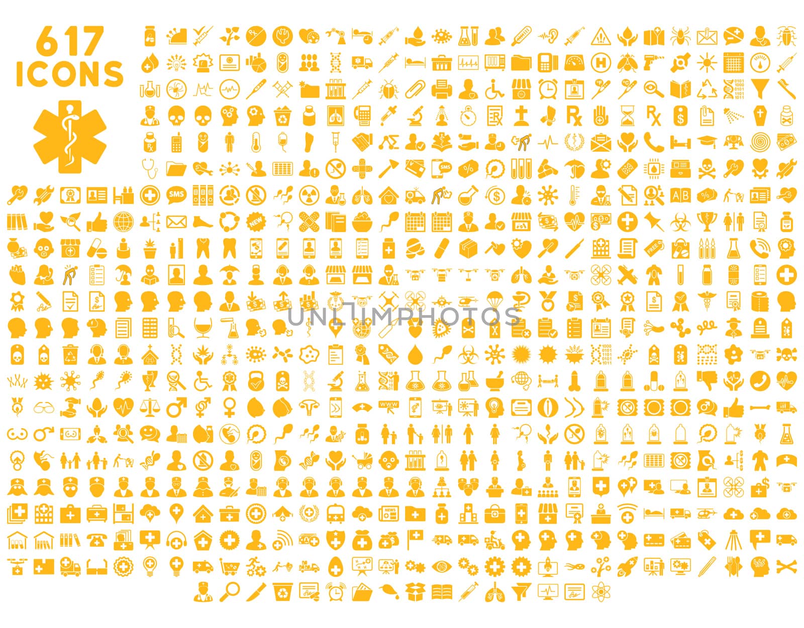 Medical icon collection related to service, health care, pharmacy business, drugstore, science. Glyph style is flat, yellow symbols, rounded angles, white background.