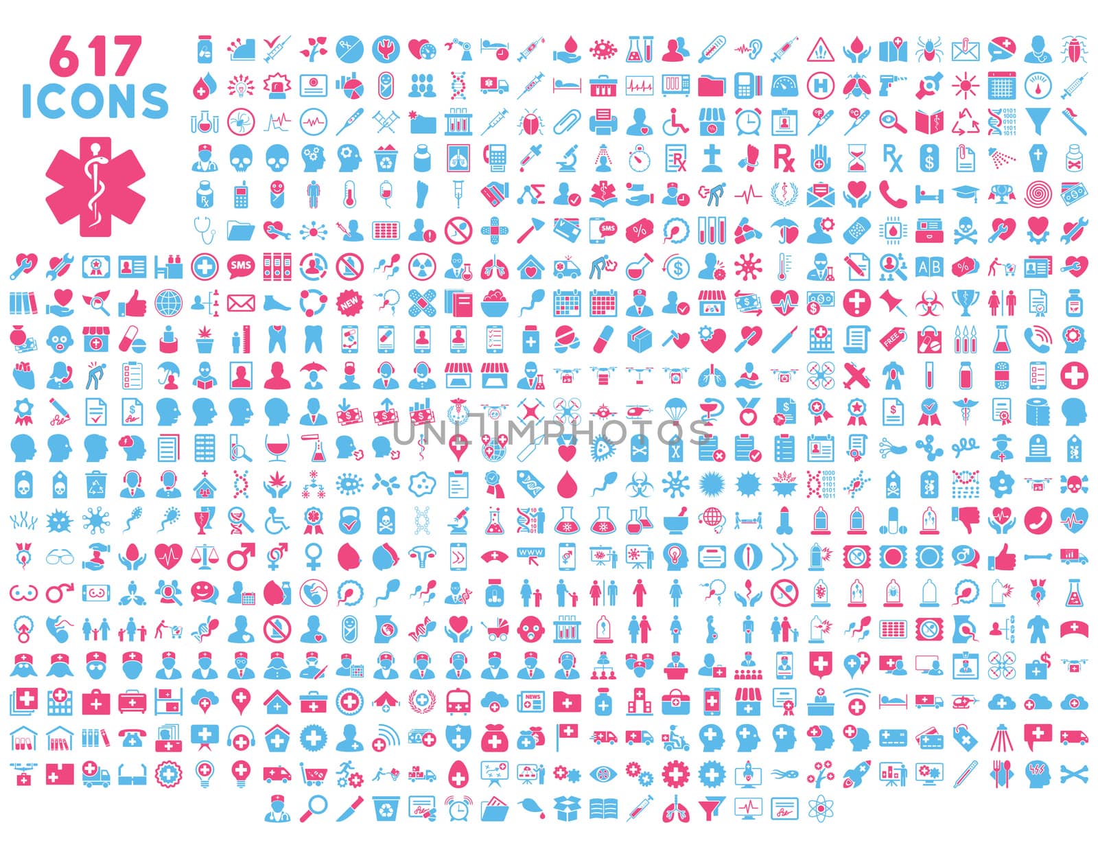 Medical icon collection related to service, health care, pharmacy business, drugstore, science. Glyph style is bicolor flat, pink and blue symbols, rounded angles, white background.