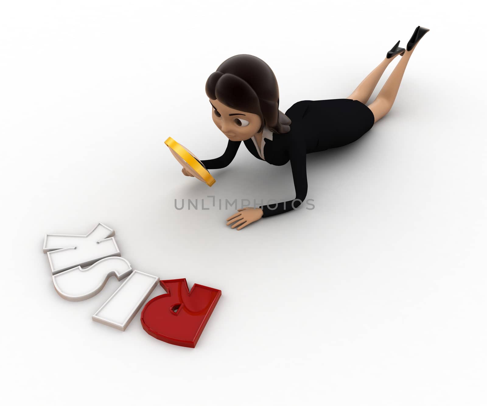 3d woman examine risk concept on white background, side e view