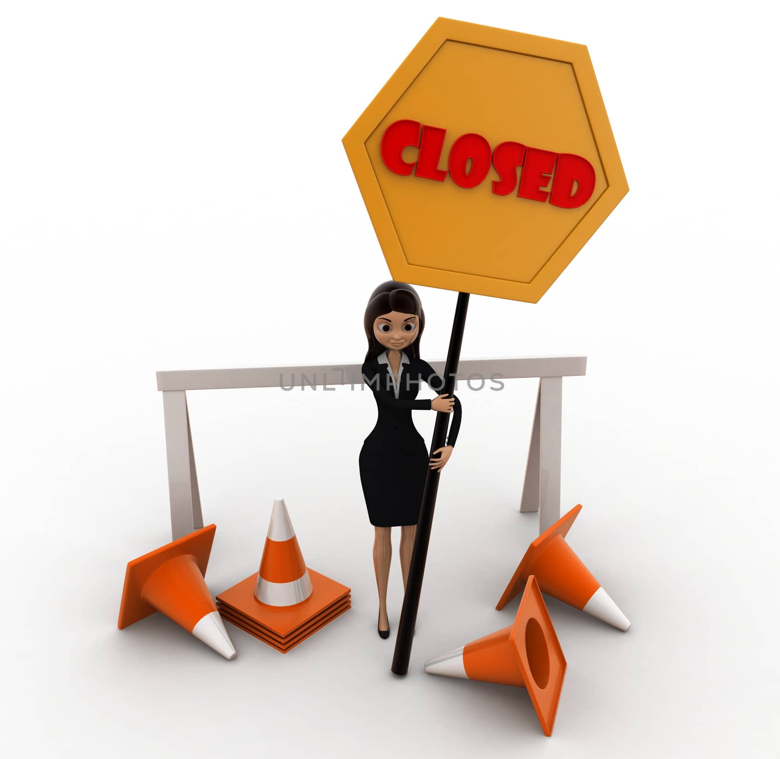 3d woman holding closed sign in hands concept on white background, front angle view