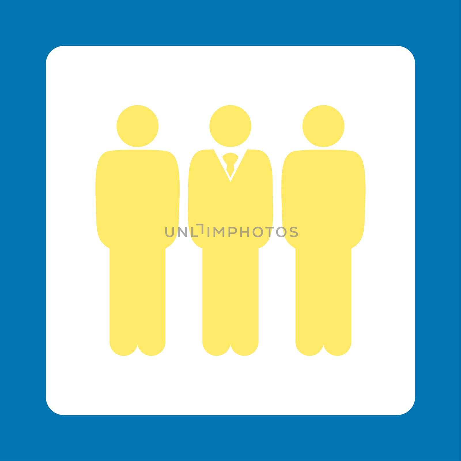 Management icon. This flat rounded square button uses yellow and white colors and isolated on a blue background.