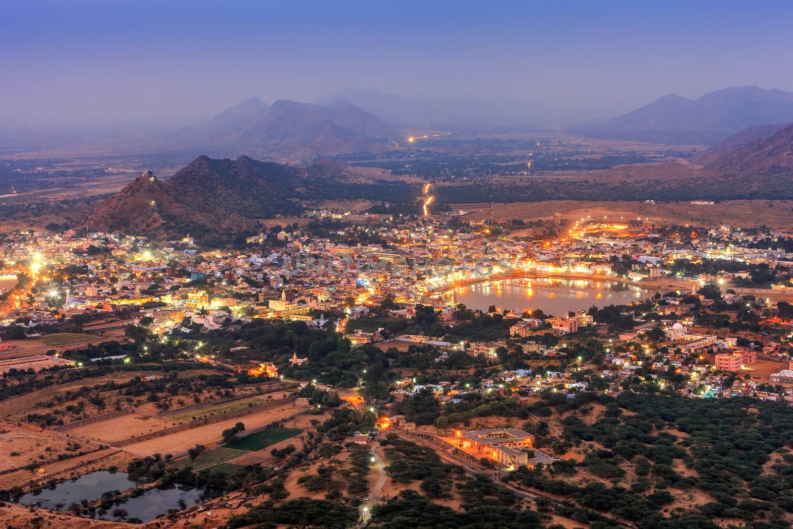 View of the Holy city of Pushkar at night, Rajasthan, India, Asia