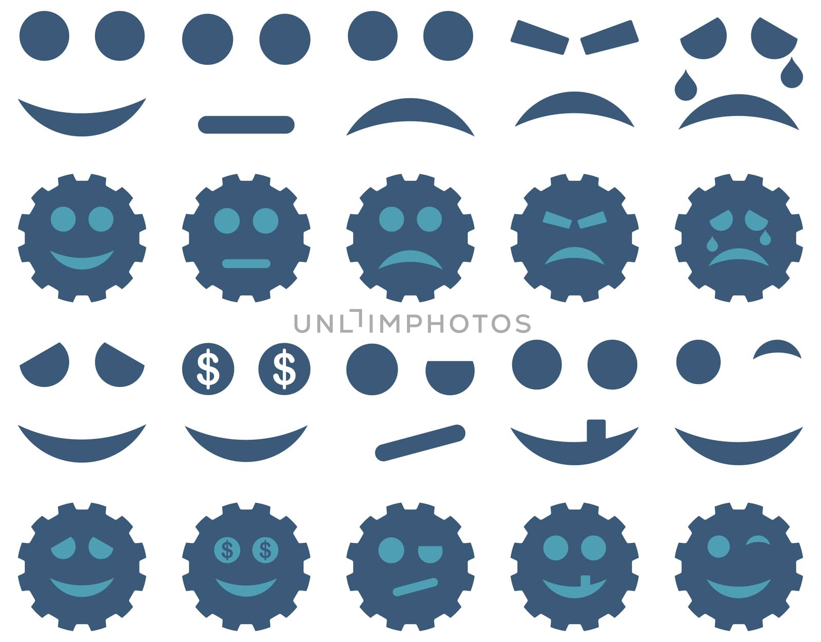 Tools, gears, smiles, emoticons icons. Glyph set style is bicolor flat images, cyan and blue symbols, isolated on a white background.