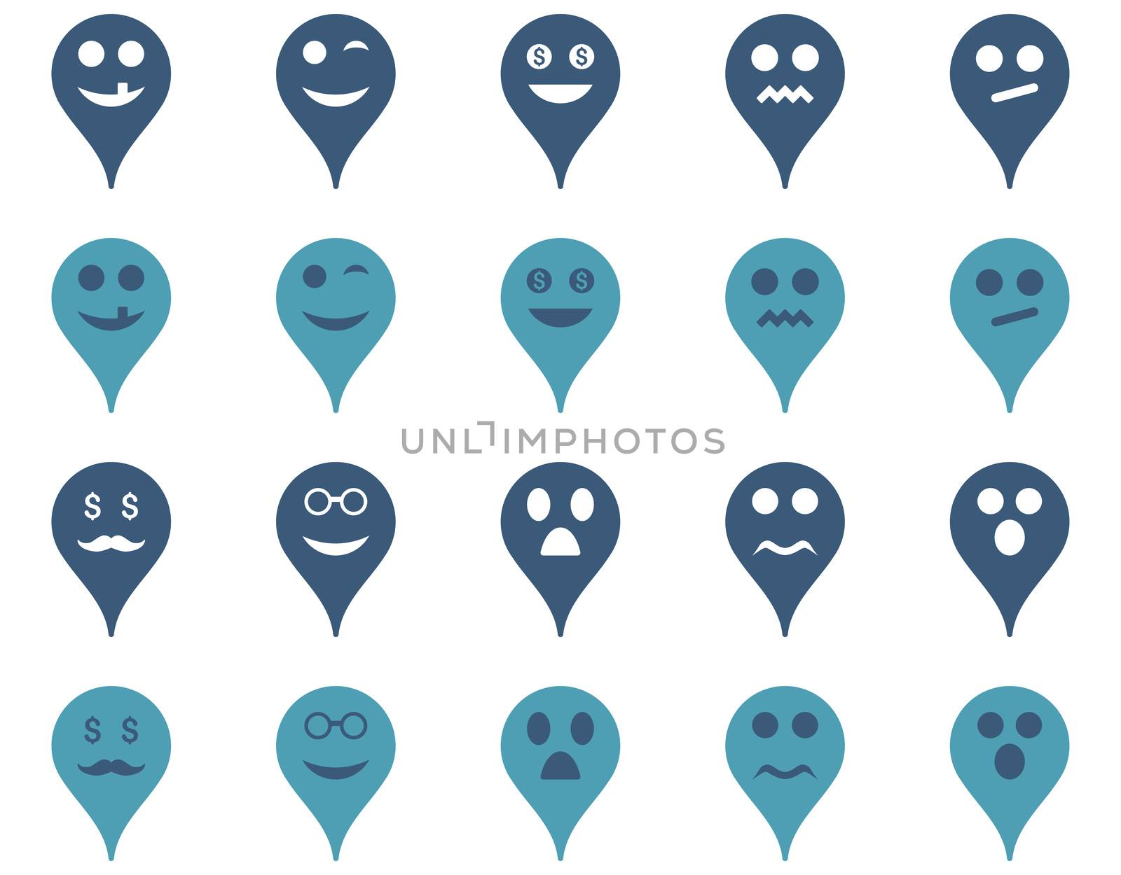 Emotion map marker icons. Glyph set style is bicolor flat images, cyan and blue symbols, isolated on a white background.