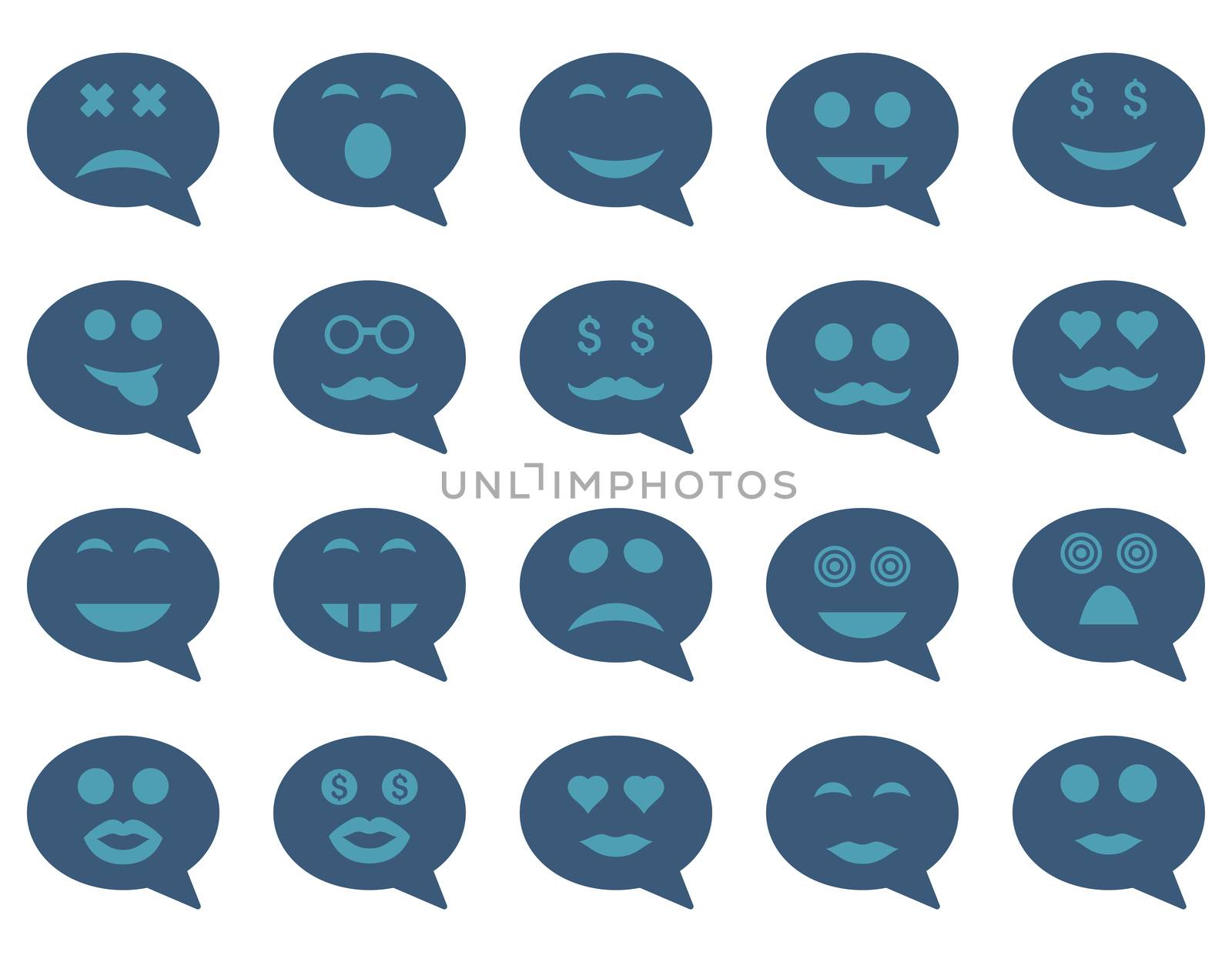 Chat emotion smile icons. Glyph set style is bicolor flat images, cyan and blue symbols, isolated on a white background.