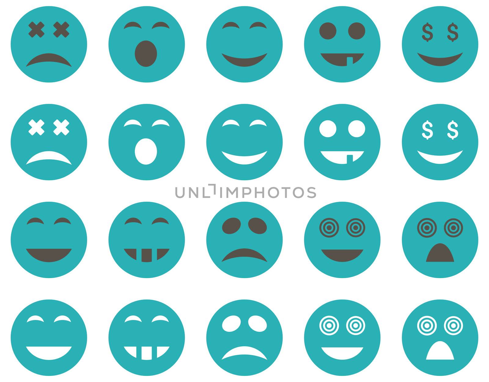 Smile and emotion icons. Glyph set style is bicolor flat images, grey and cyan symbols, isolated on a white background.