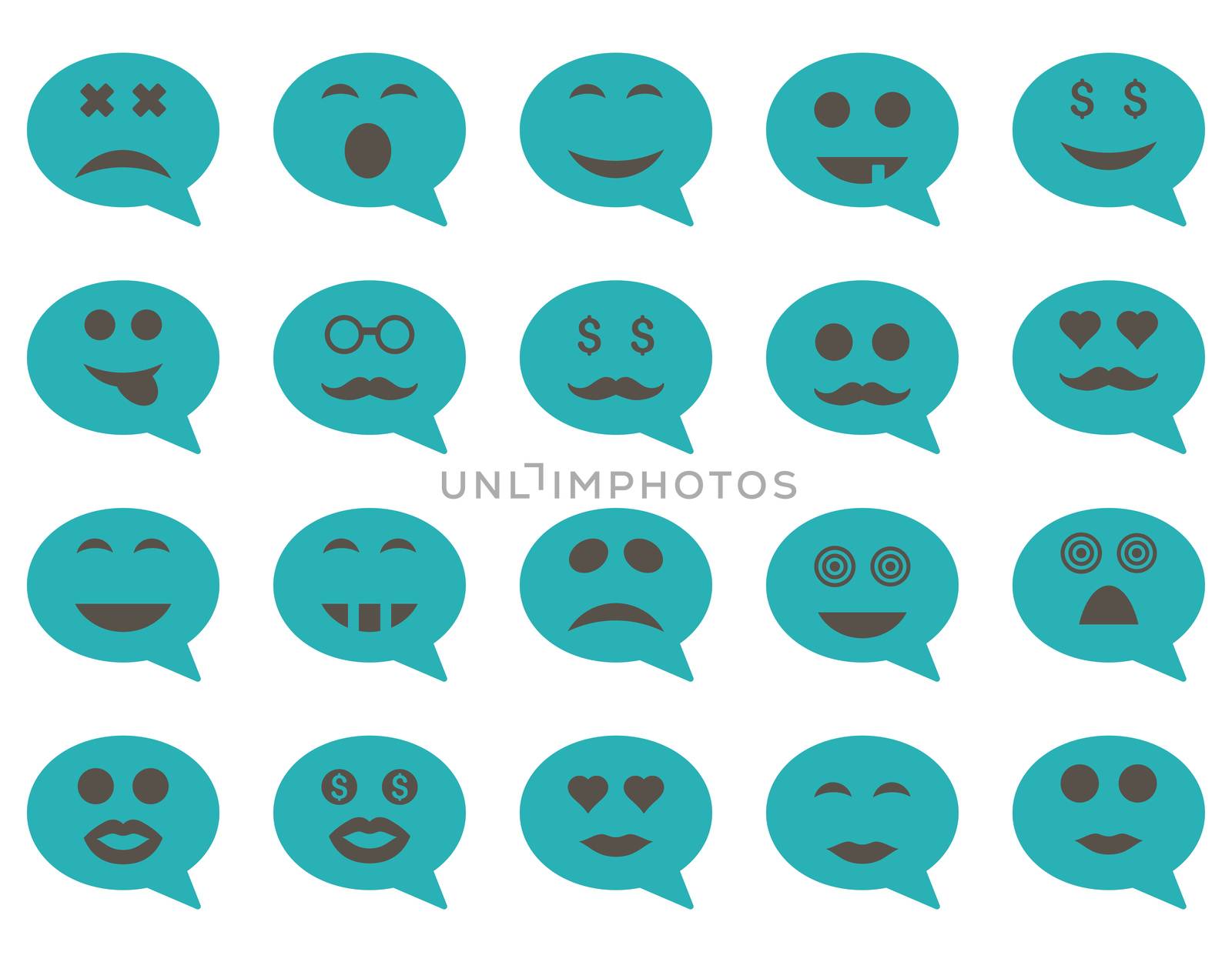 Chat emotion smile icons. Glyph set style is bicolor flat images, grey and cyan symbols, isolated on a white background.