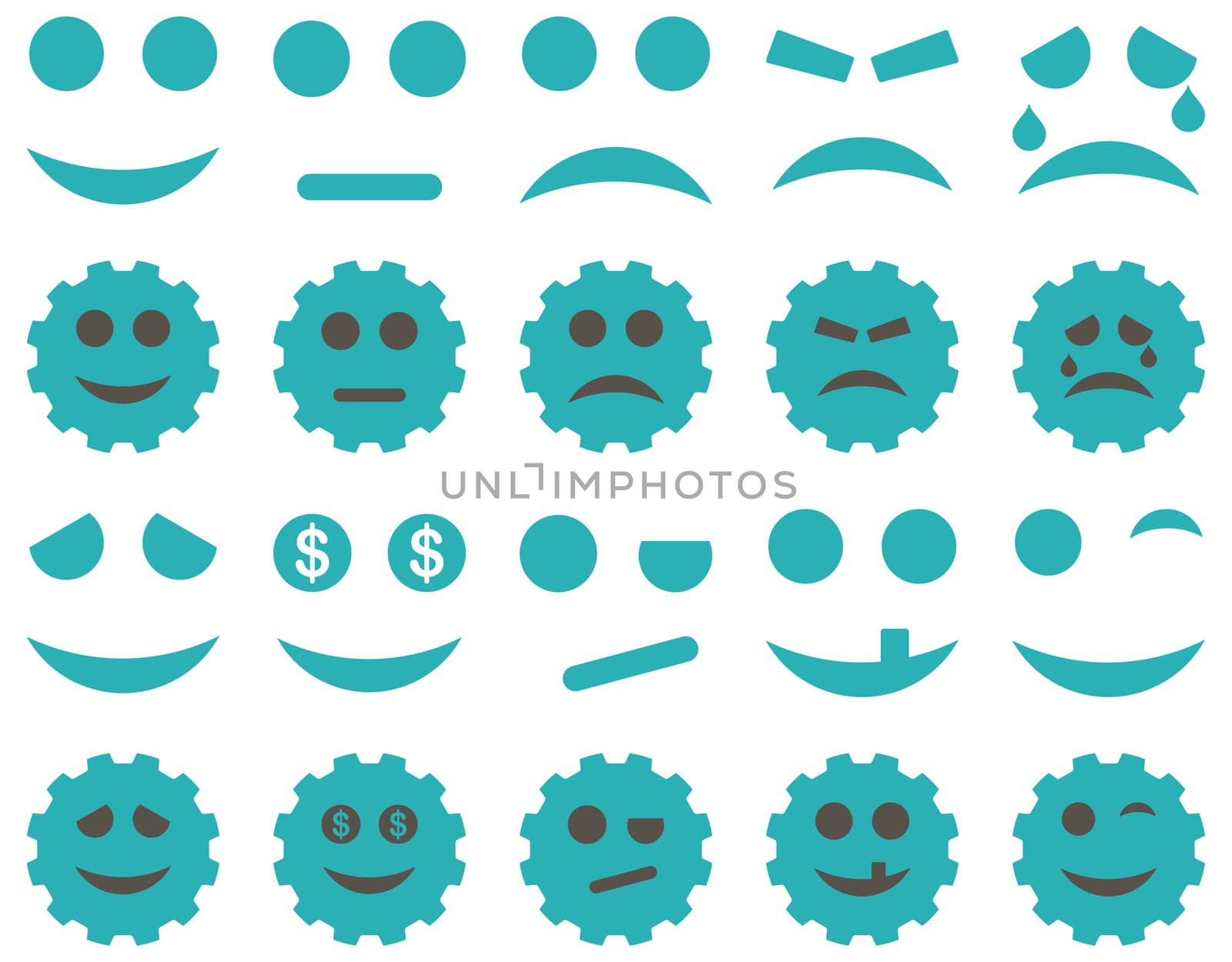 Tools, gears, smiles, emoticons icons. Glyph set style is bicolor flat images, grey and cyan symbols, isolated on a white background.