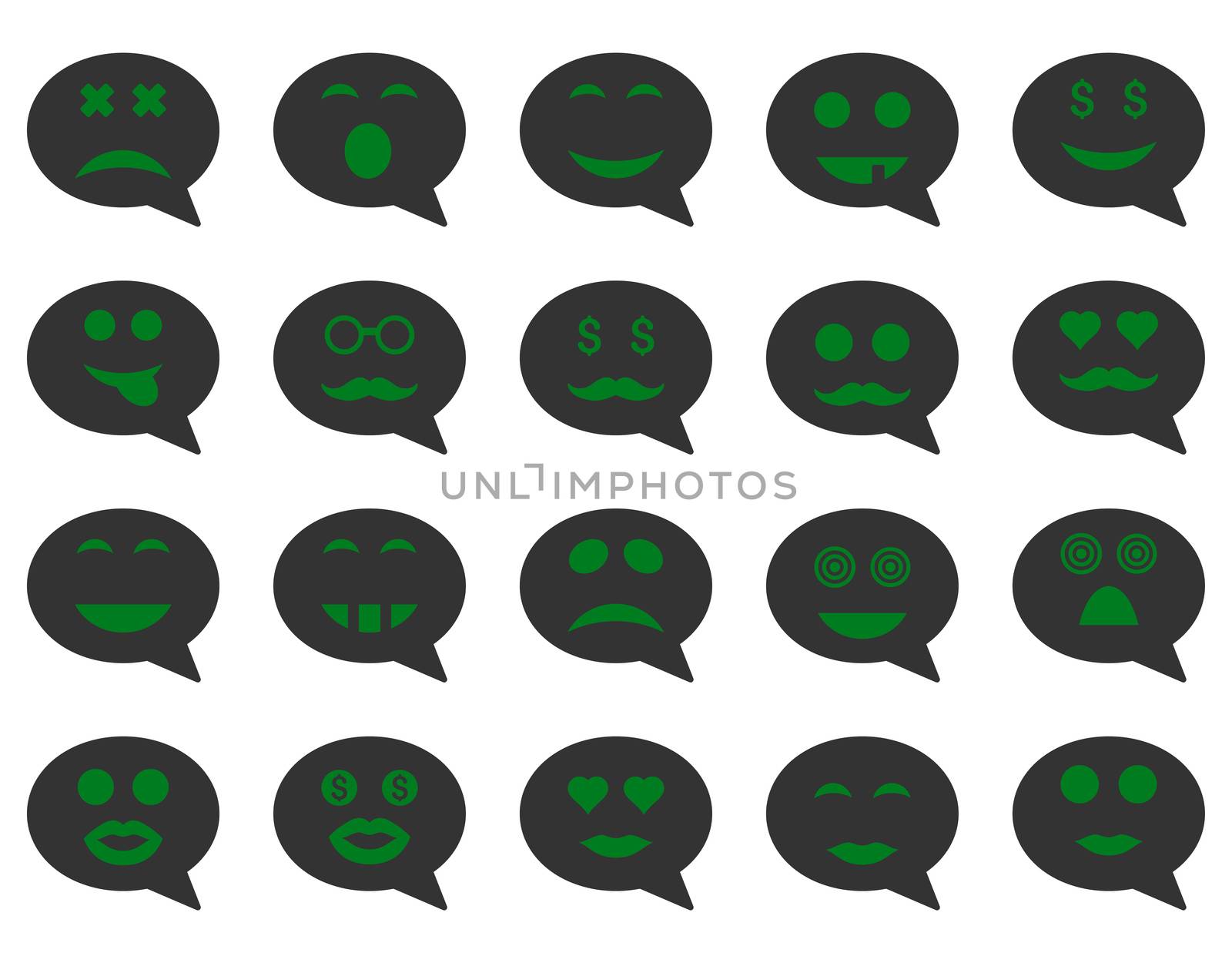 Chat emotion smile icons. Glyph set style is bicolor flat images, green and gray symbols, isolated on a white background.