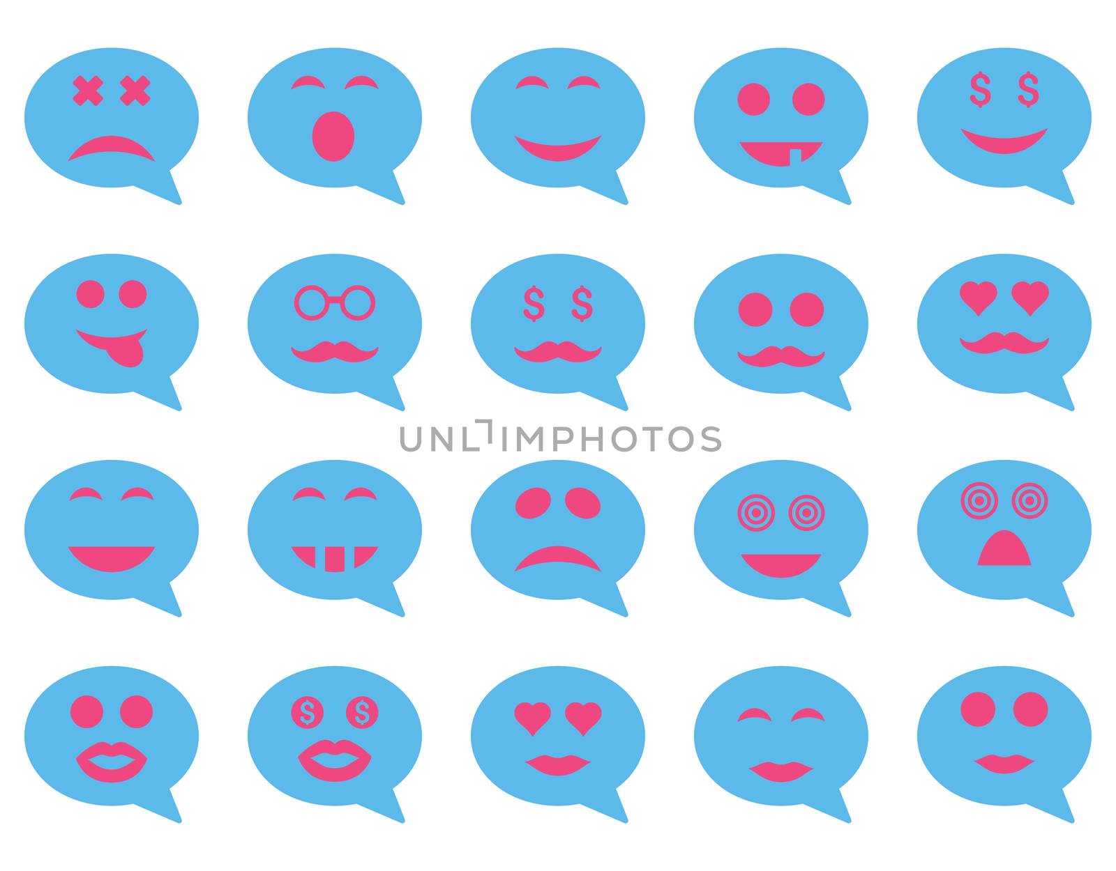 Chat emotion smile icons. Glyph set style is bicolor flat images, pink and blue symbols, isolated on a white background.