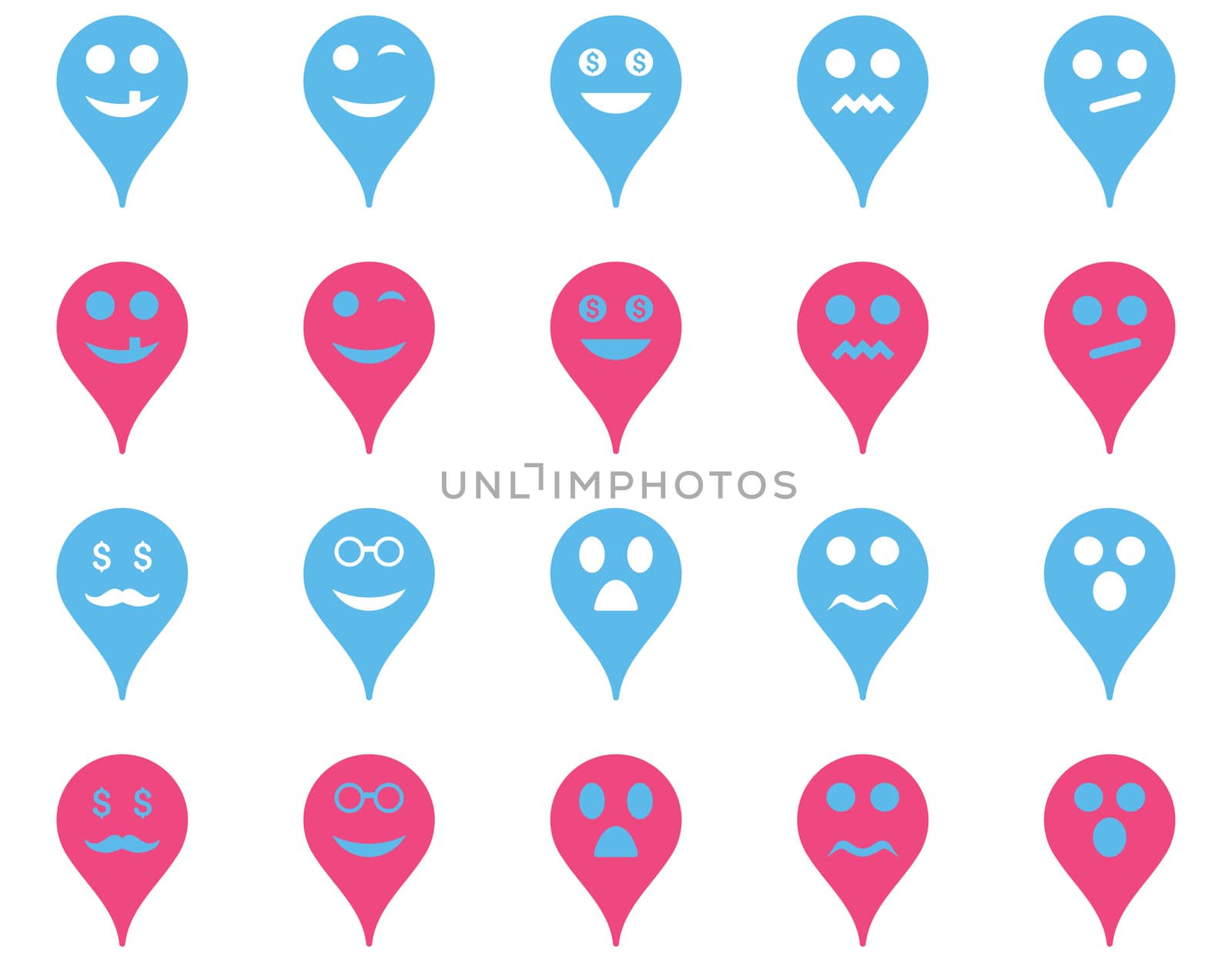 Emotion map marker icons. Glyph set style is bicolor flat images, pink and blue symbols, isolated on a white background.