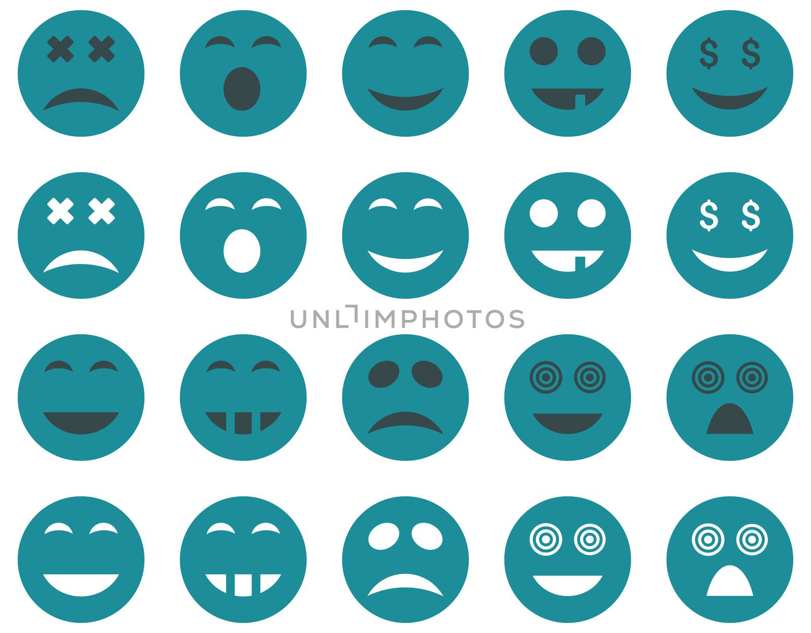 Smile and emotion icons. Glyph set style is bicolor flat images, soft blue symbols, isolated on a white background.