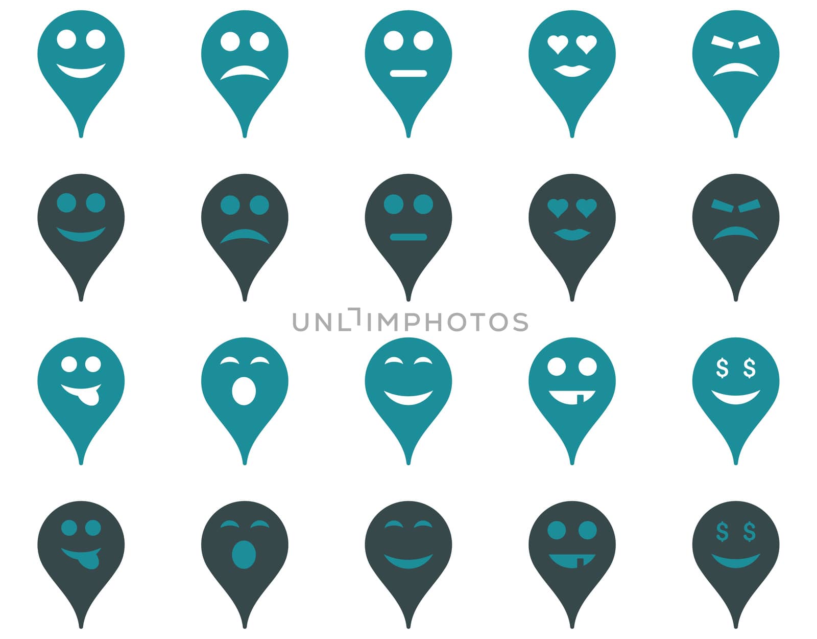 Emotion map marker icons. Glyph set style is bicolor flat images, soft blue symbols, isolated on a white background.