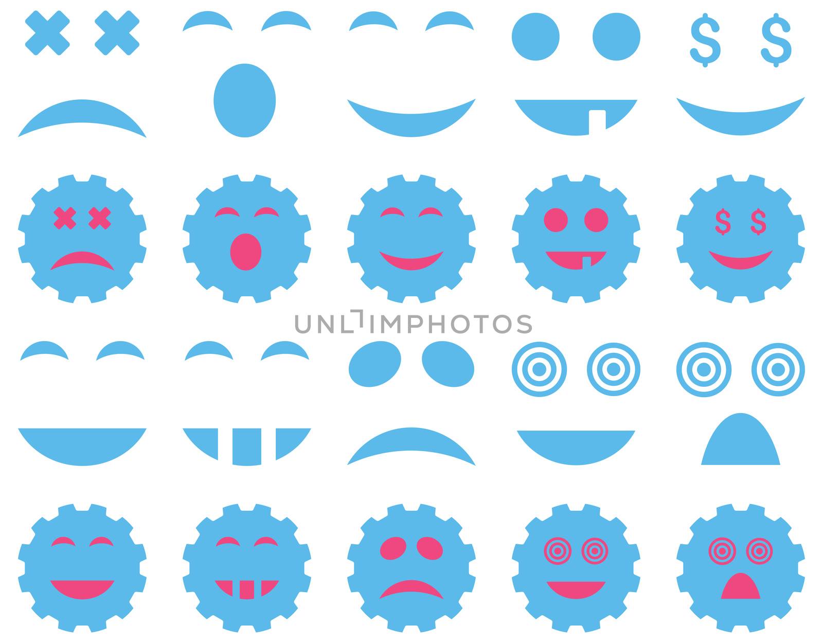 Tool, gear, smile, emotion icons. Glyph set style is bicolor flat images, pink and blue symbols, isolated on a white background.