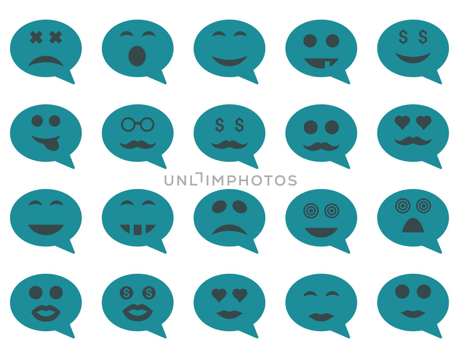 Chat emotion smile icons. Glyph set style is bicolor flat images, soft blue symbols, isolated on a white background.