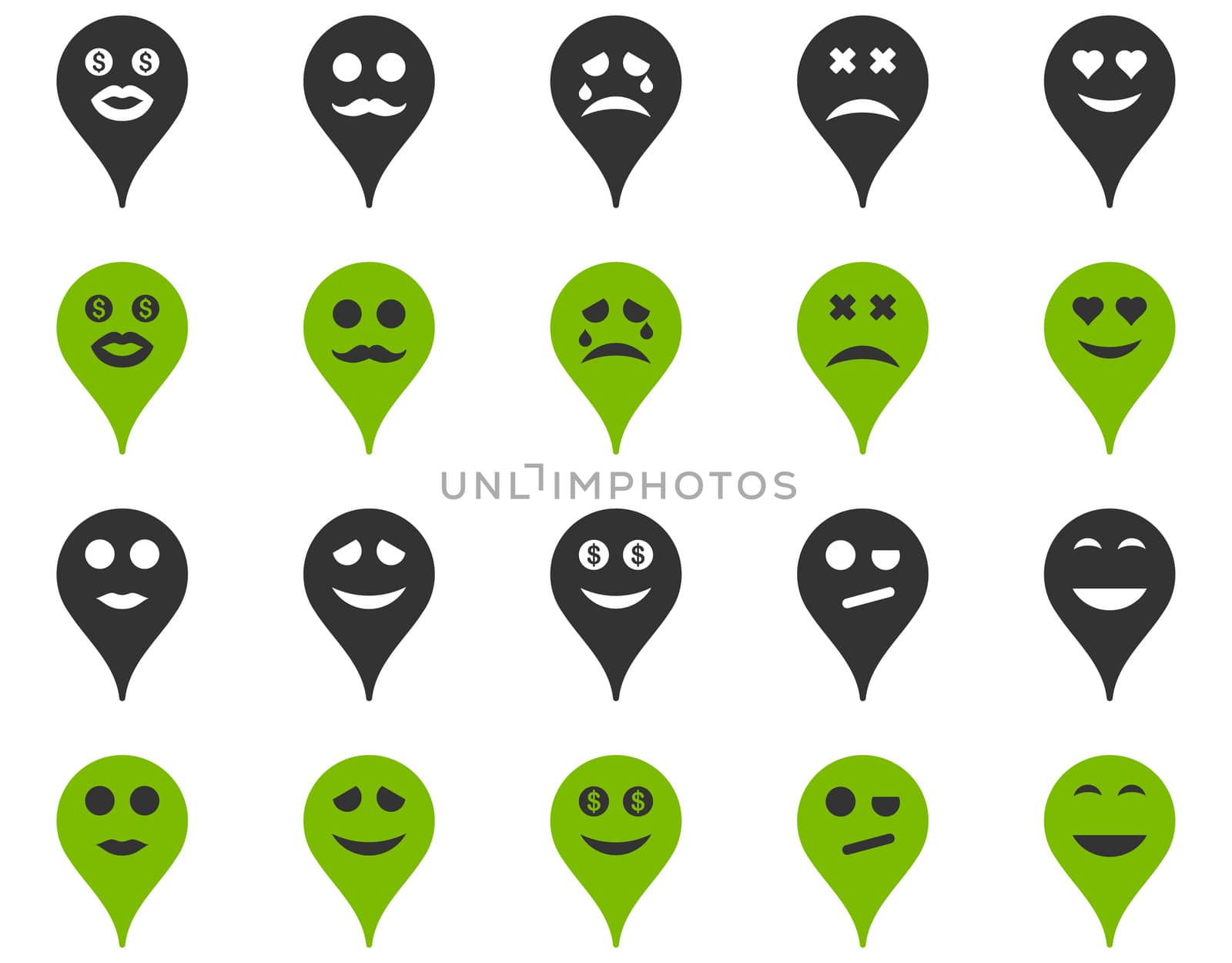 Emotion map marker icons. Glyph set style is bicolor flat images, eco green and gray symbols, isolated on a white background.