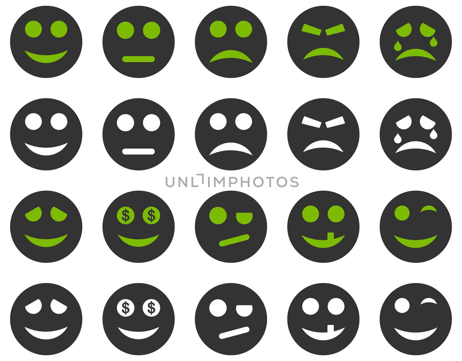 Smile and emotion icons. Glyph set style is bicolor flat images, eco green and gray symbols, isolated on a white background.