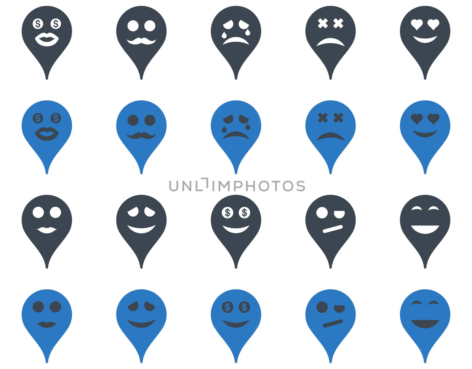 Emotion map marker icons. Glyph set style is bicolor flat images, smooth blue symbols, isolated on a white background.