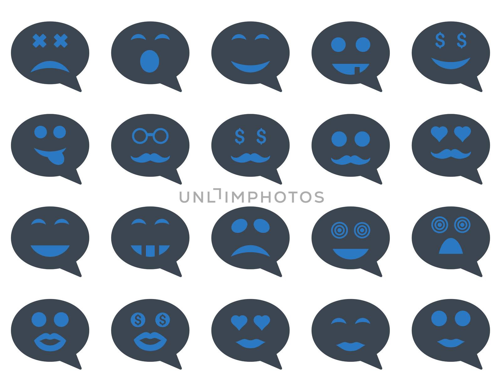 Chat emotion smile icons. Glyph set style is bicolor flat images, smooth blue symbols, isolated on a white background.