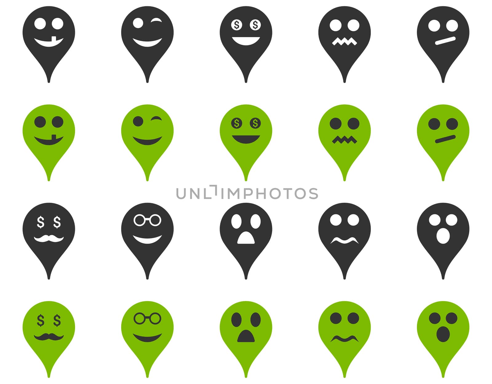 Emotion map marker icons. Glyph set style is bicolor flat images, eco green and gray symbols, isolated on a white background.