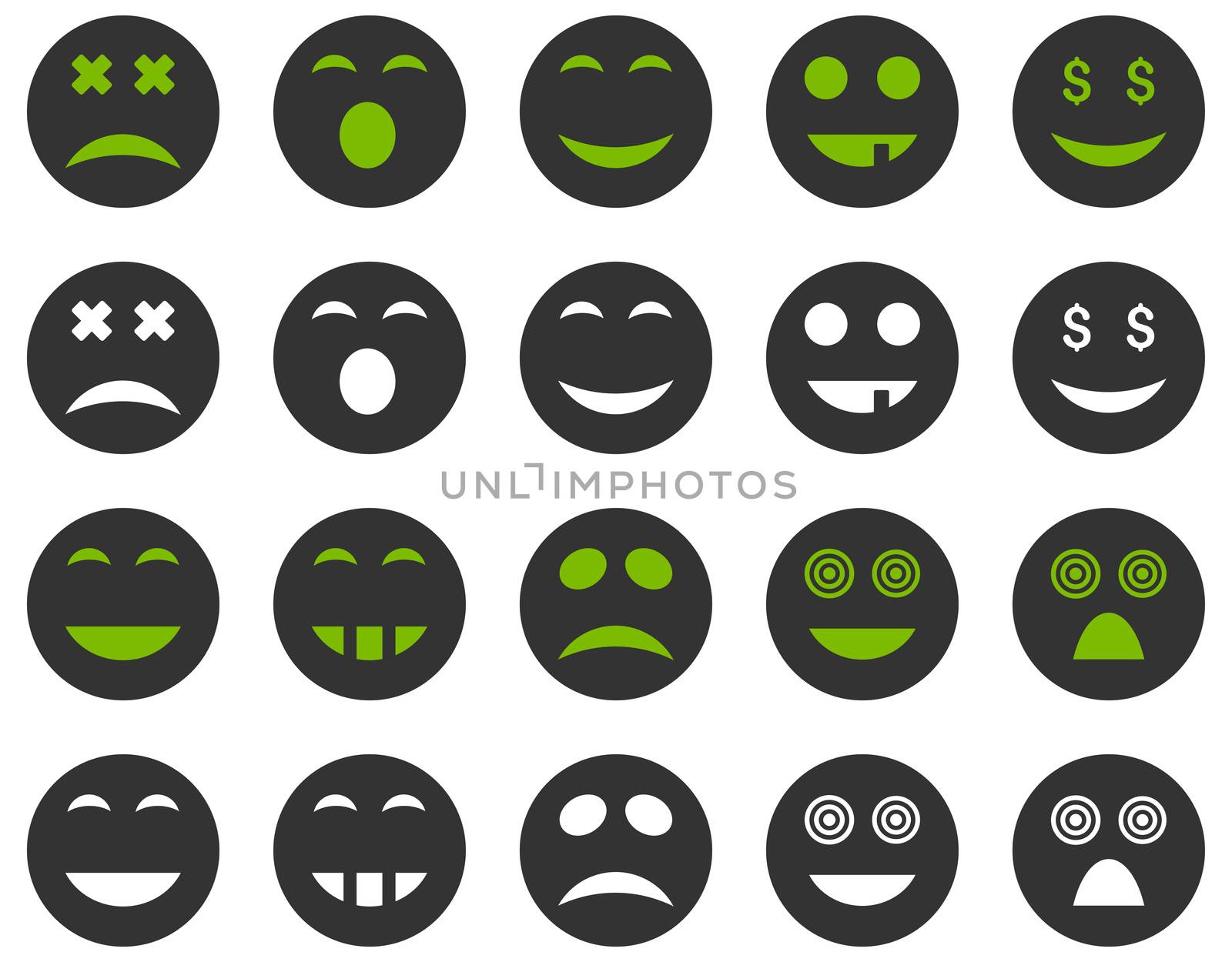 Smile and emotion icons. Glyph set style is bicolor flat images, eco green and gray symbols, isolated on a white background.