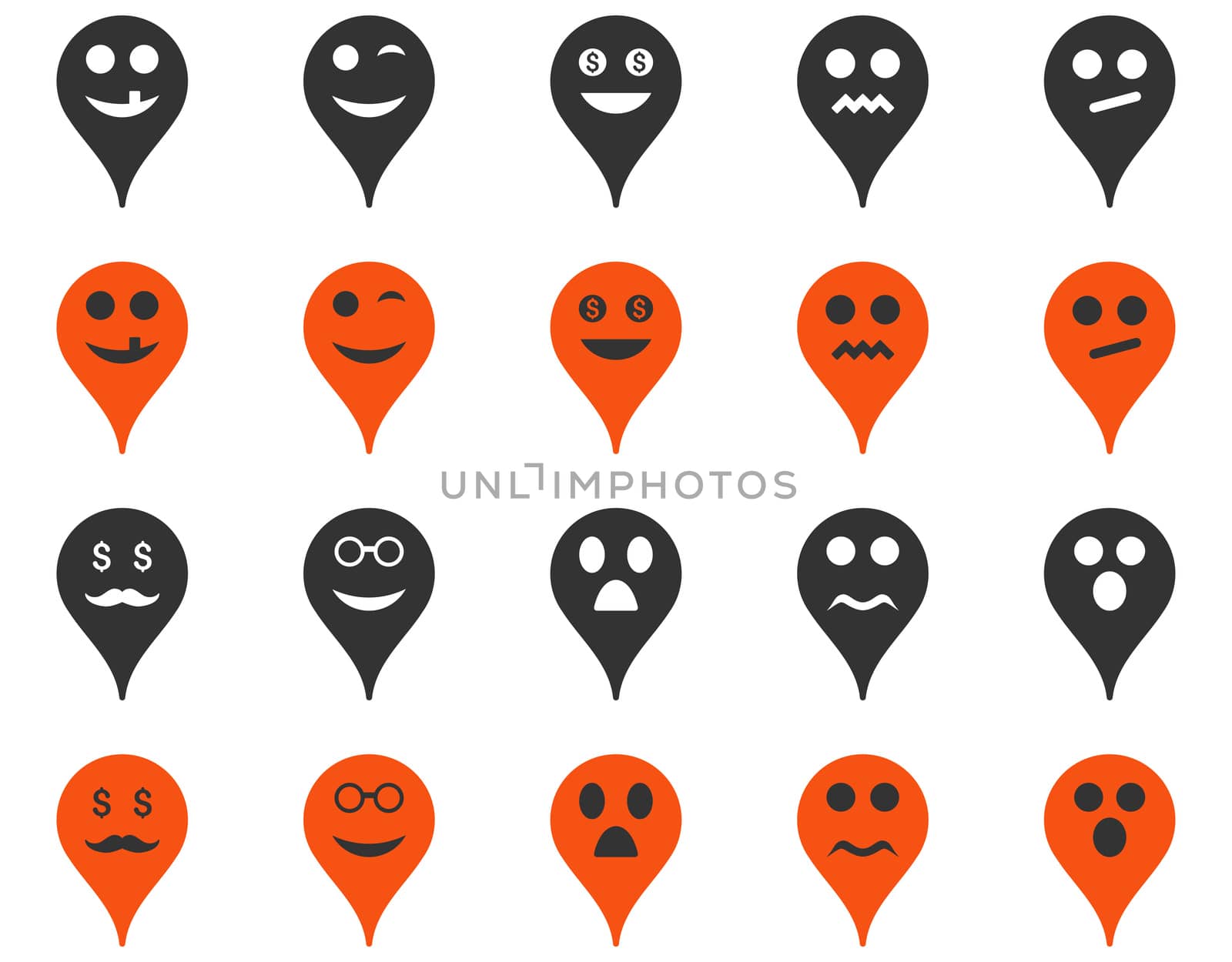 Emotion map marker icons. Glyph set style is bicolor flat images, orange and gray symbols, isolated on a white background.