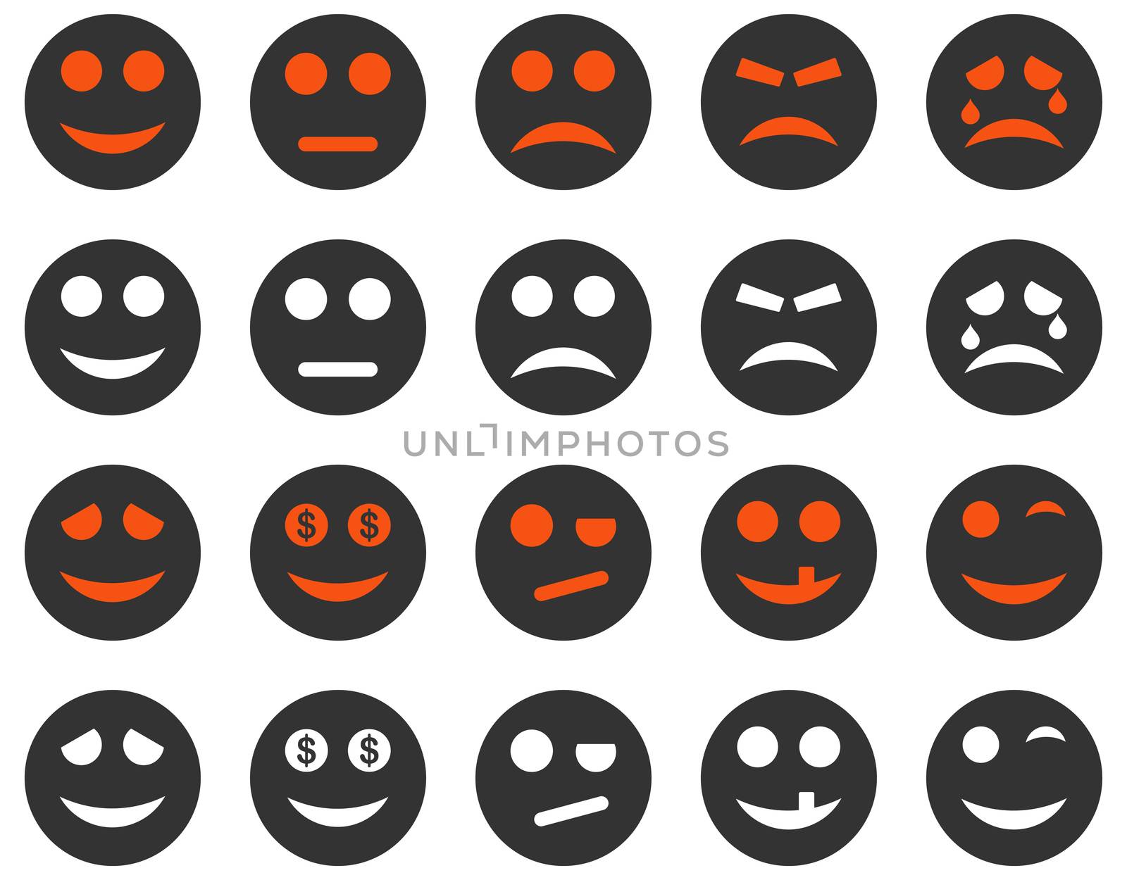 Smile and emotion icons. Glyph set style is bicolor flat images, orange and gray symbols, isolated on a white background.