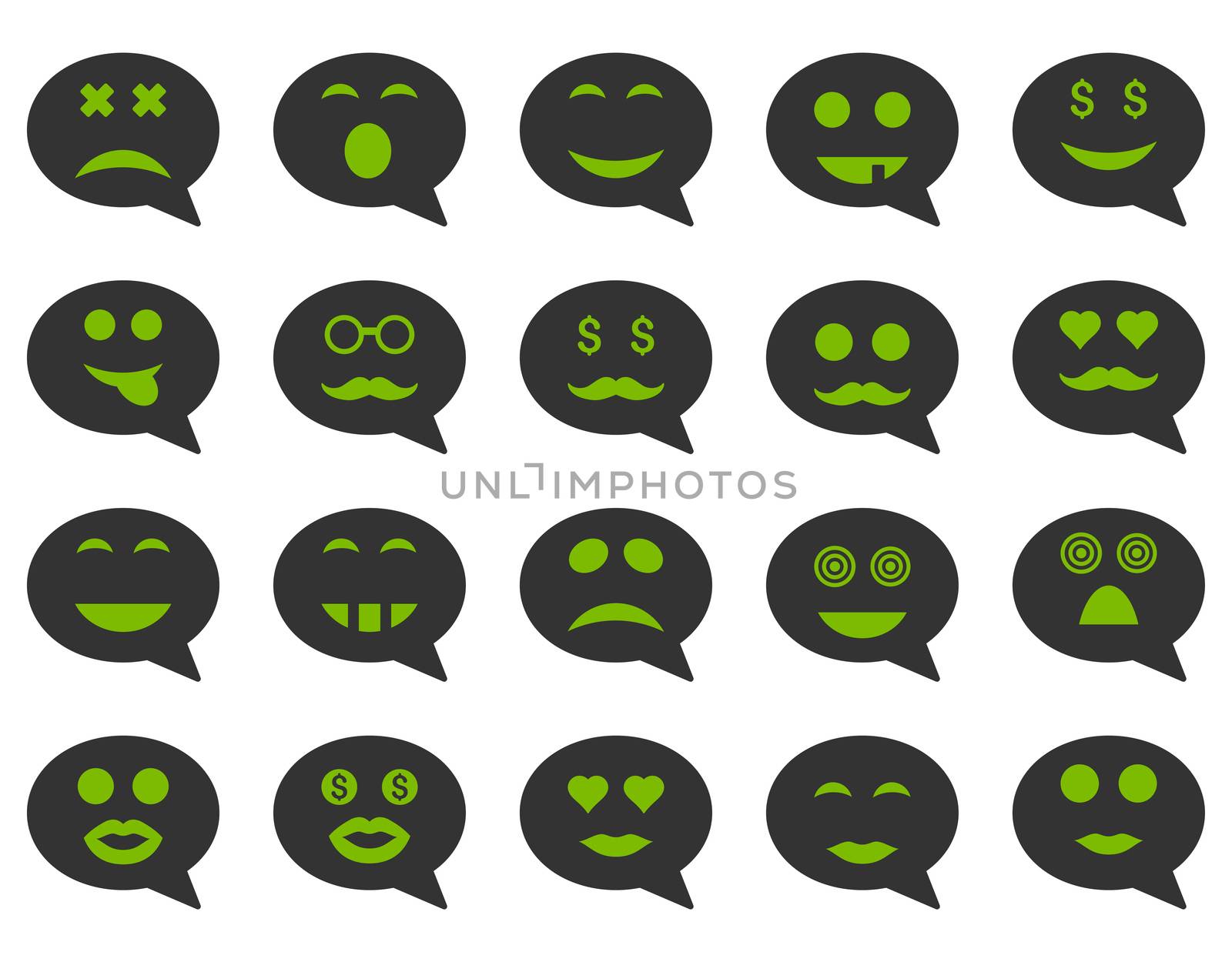 Chat emotion smile icons. Glyph set style is bicolor flat images, eco green and gray symbols, isolated on a white background.