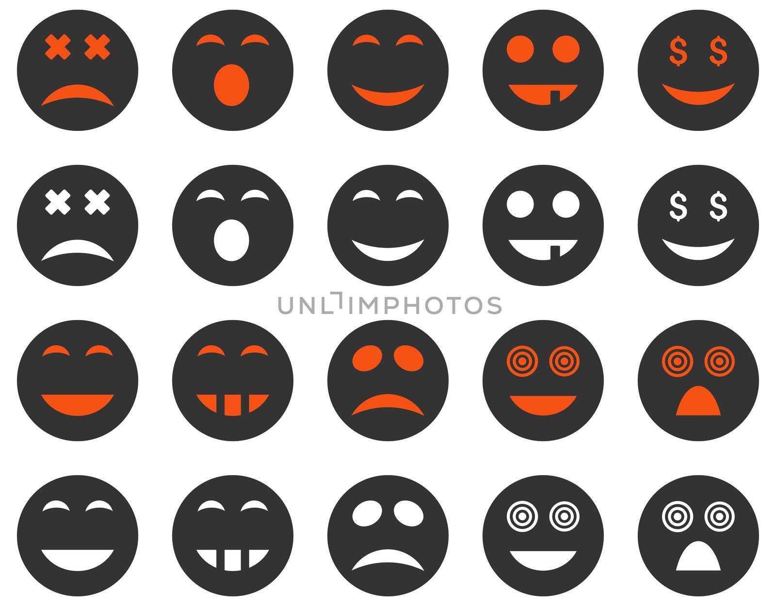 Smile and emotion icons. Glyph set style is bicolor flat images, orange and gray symbols, isolated on a white background.