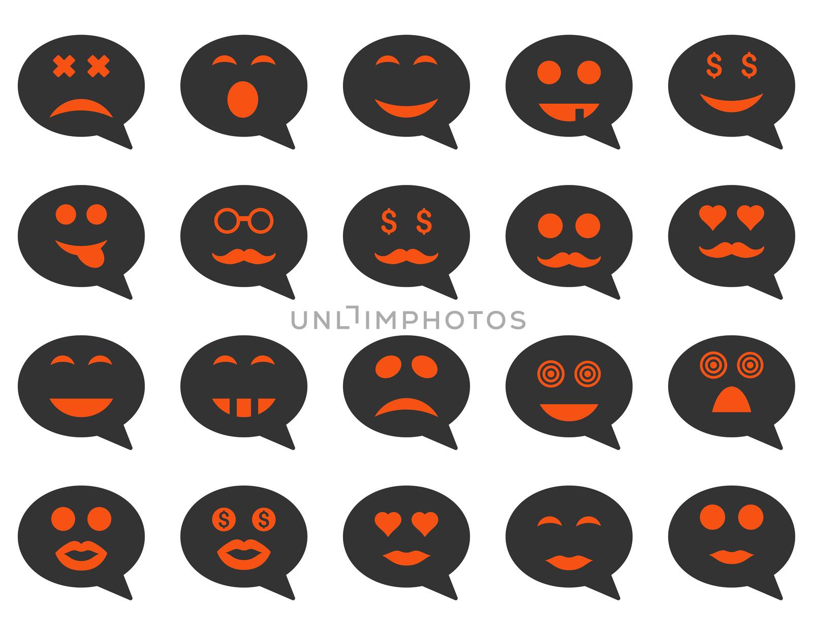 Chat emotion smile icons. Glyph set style is bicolor flat images, orange and gray symbols, isolated on a white background.