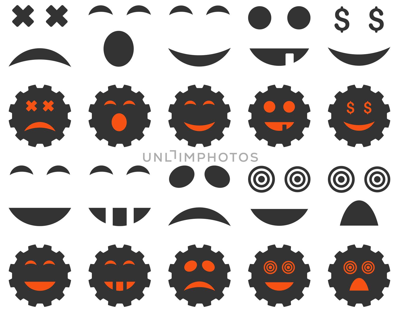 Tool, gear, smile, emotion icons. Glyph set style is bicolor flat images, orange and gray symbols, isolated on a white background.