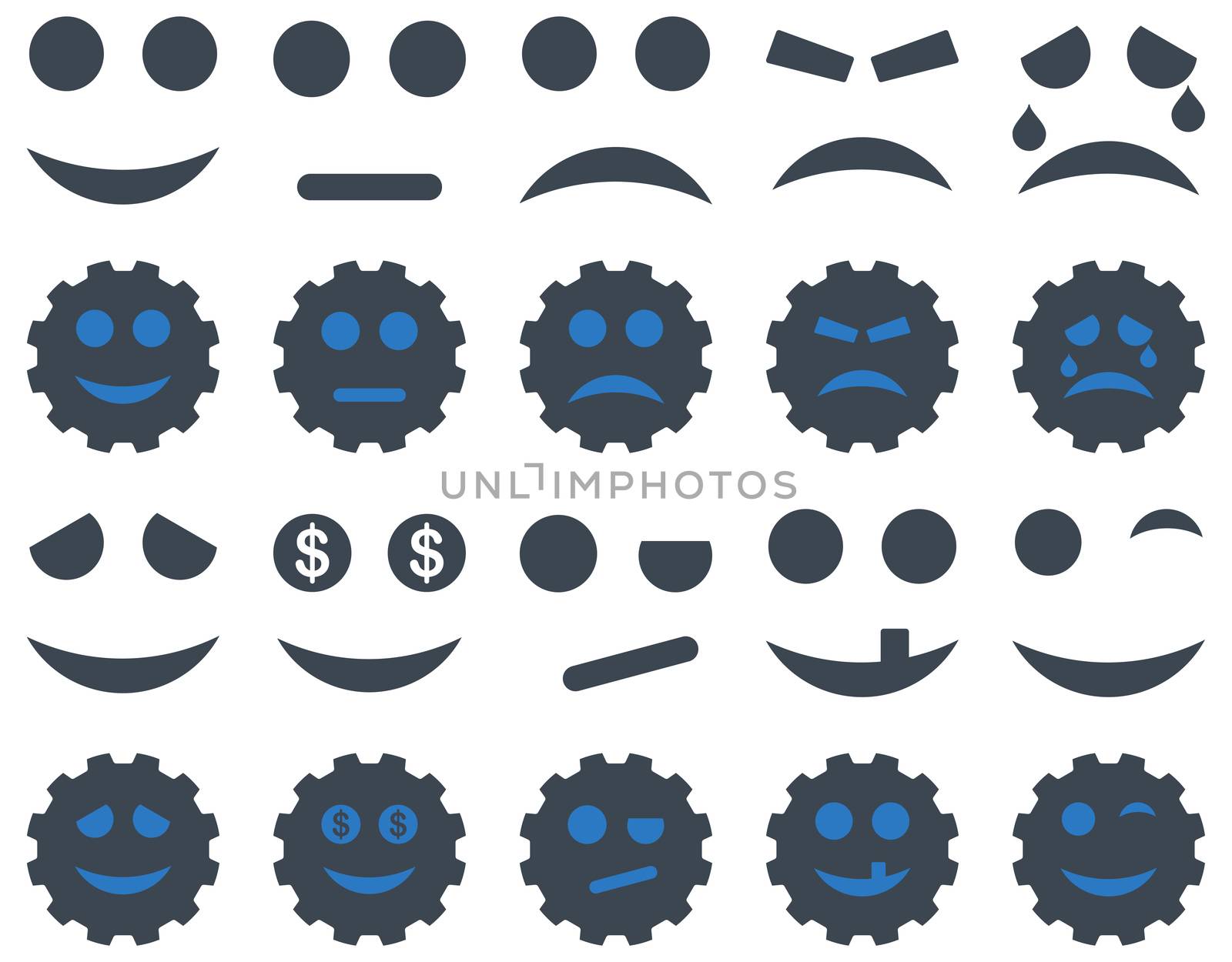Tools, gears, smiles, emoticons icons. Glyph set style is bicolor flat images, smooth blue symbols, isolated on a white background.