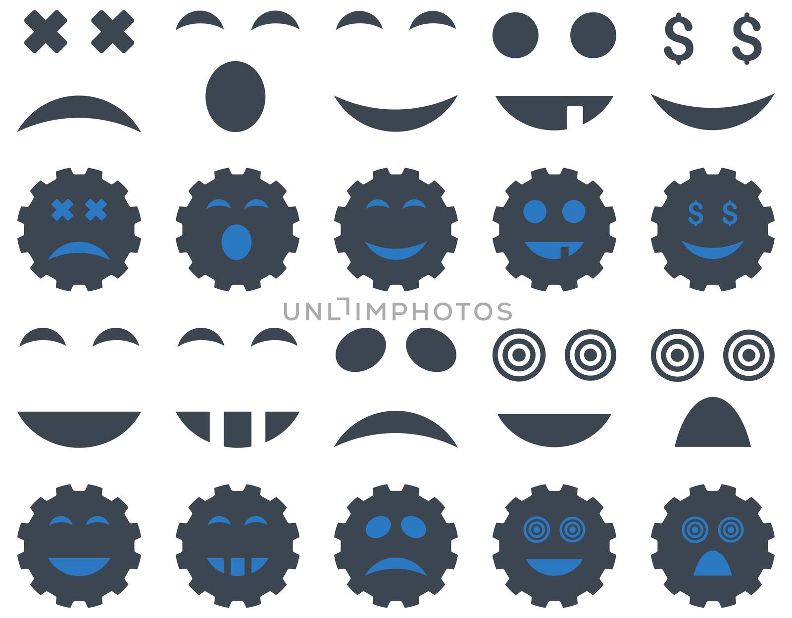 Tool, gear, smile, emotion icons. Glyph set style is bicolor flat images, smooth blue symbols, isolated on a white background.