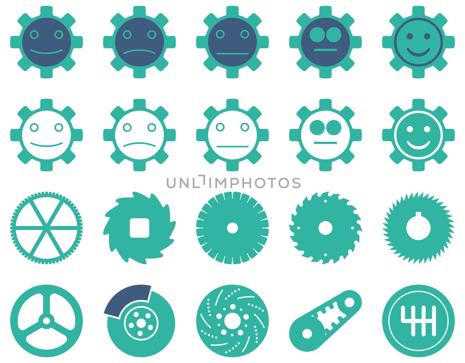 Tools and Smile Gears Icons. Icon set style is bicolor flat images, cobalt and cyan colors, isolated on a white background.