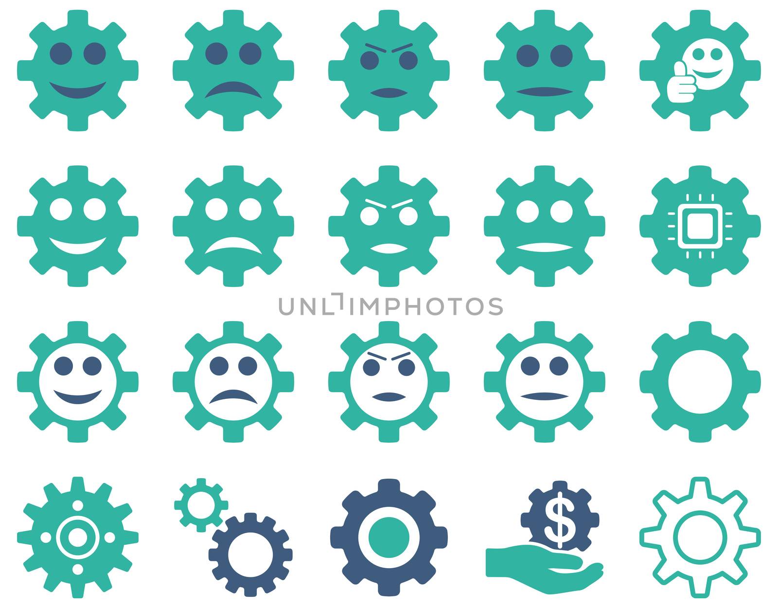 Tools and Smile Gears Icons. Icon set style is bicolor flat images, cobalt and cyan colors, isolated on a white background.