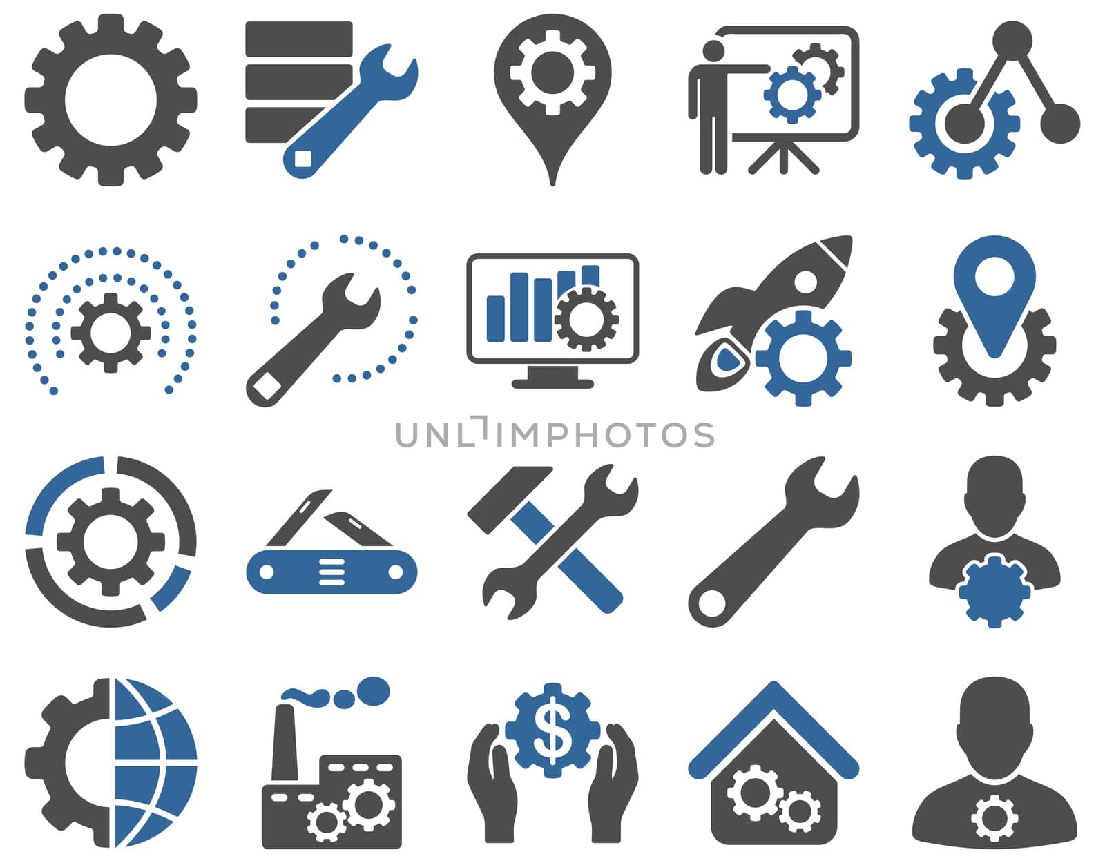Settings and Tools Icons. Icon set style is bicolor flat images, cobalt and gray colors, isolated on a white background.