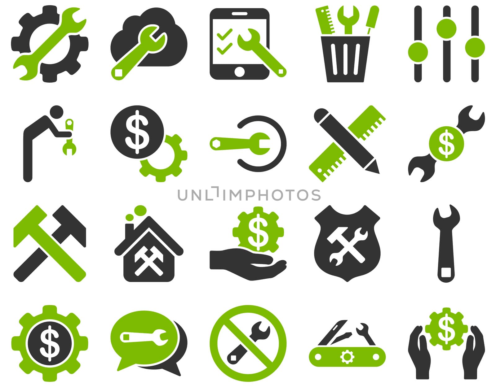 Settings and Tools Icons. Icon set style is bicolor flat images, eco green and gray colors, isolated on a white background.