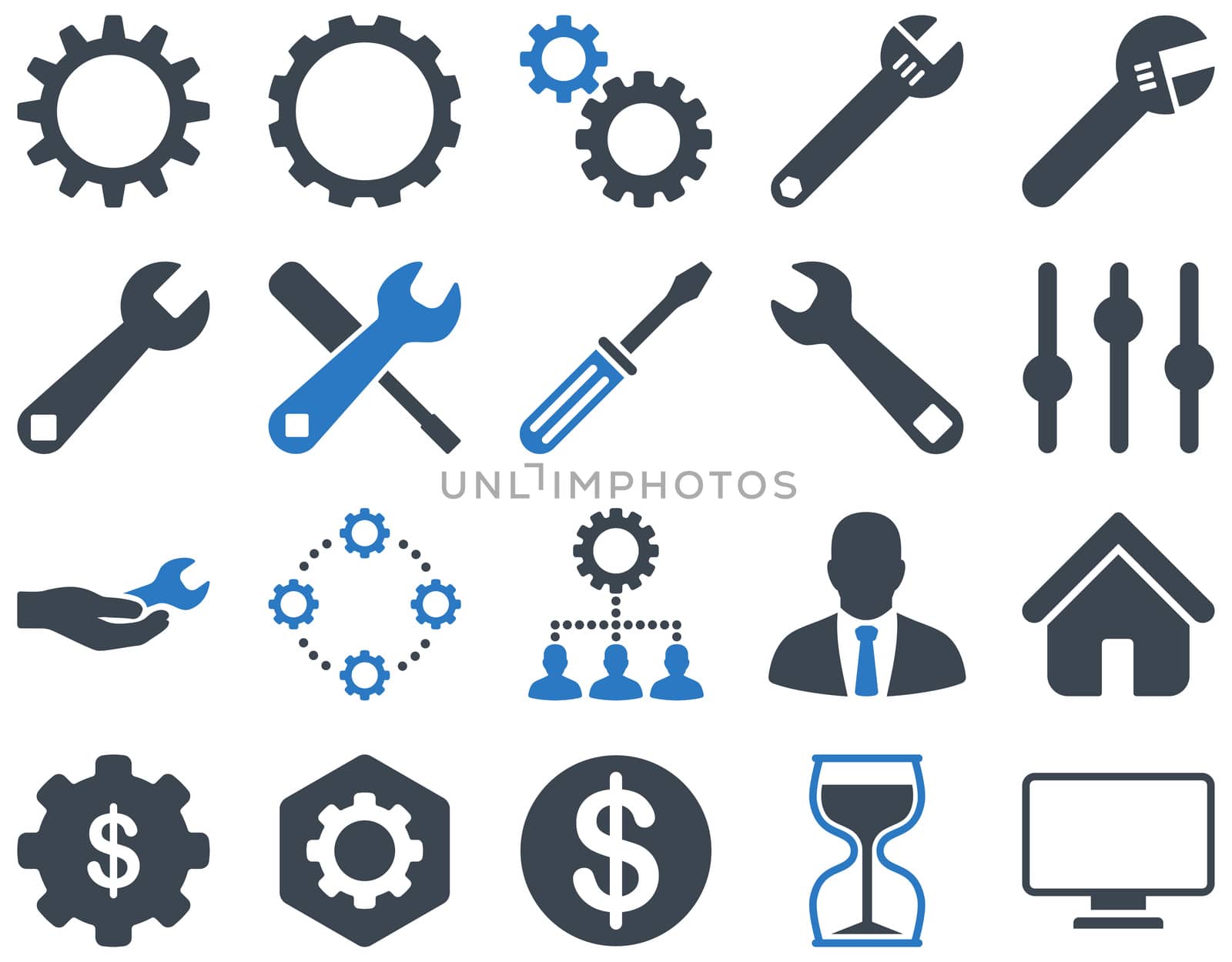 Settings and Tools Icons. Icon set style is bicolor flat images, smooth blue colors, isolated on a white background.