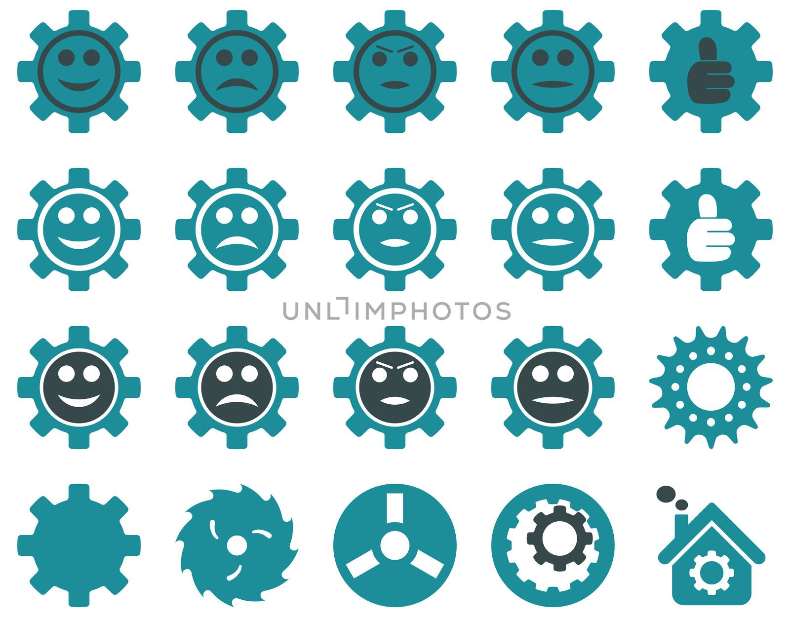 Tools and Smile Gears Icons. Icon set style is bicolor flat images, soft blue colors, isolated on a white background.