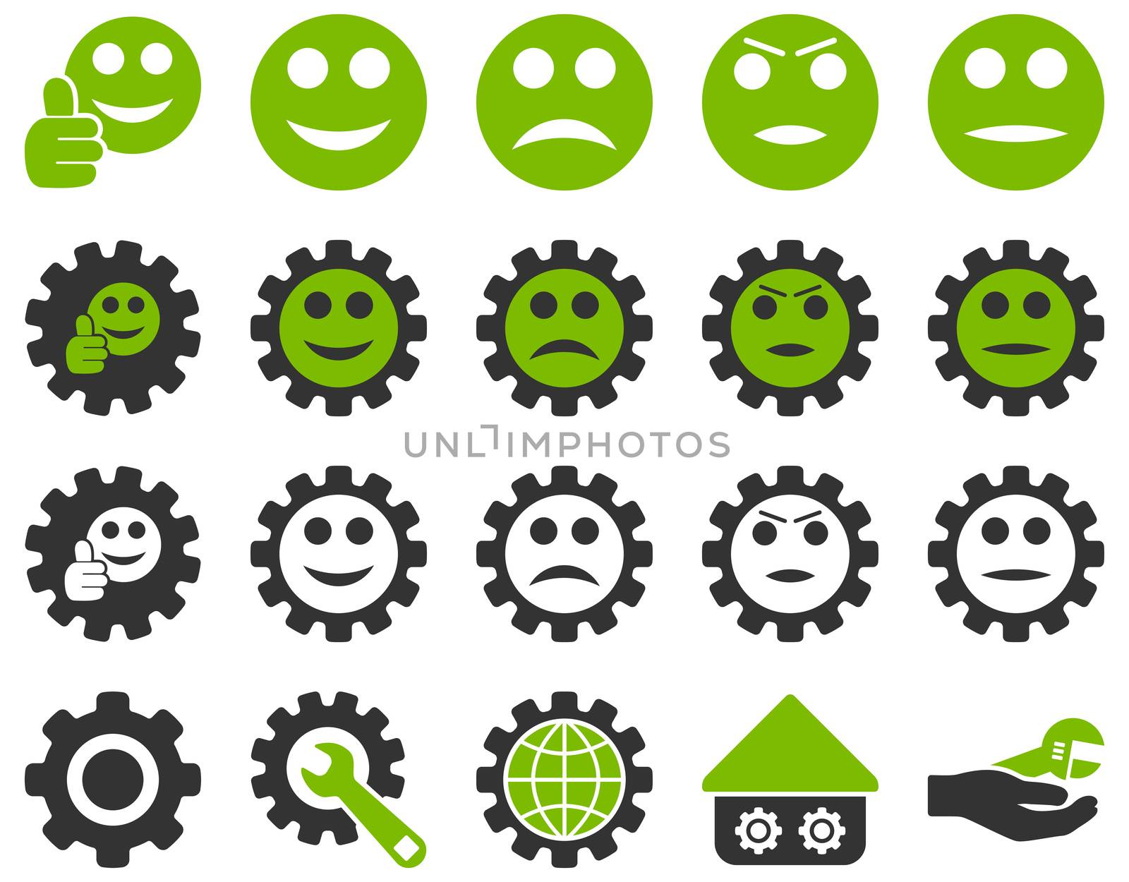 Settings and Smile Gears Icons. Icon set style is bicolor flat images, eco green and gray colors, isolated on a white background.