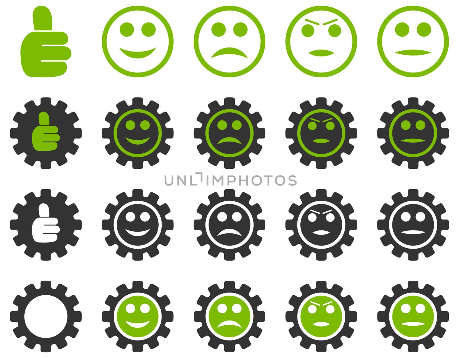 Settings and Smile Gears Icons. Icon set style is bicolor flat images, eco green and gray colors, isolated on a white background.