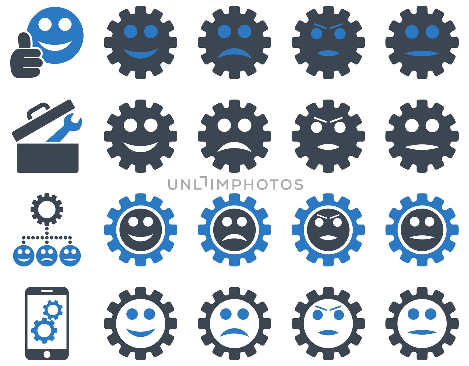 Tools and Smile Gears Icons. Icon set style is bicolor flat images, smooth blue colors, isolated on a white background.