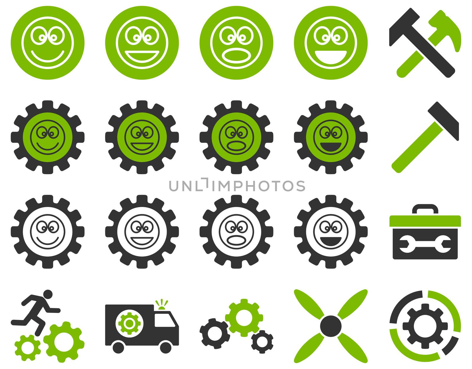 Tools and Smile Gears Icons. Icon set style is bicolor flat images, eco green and gray colors, isolated on a white background.