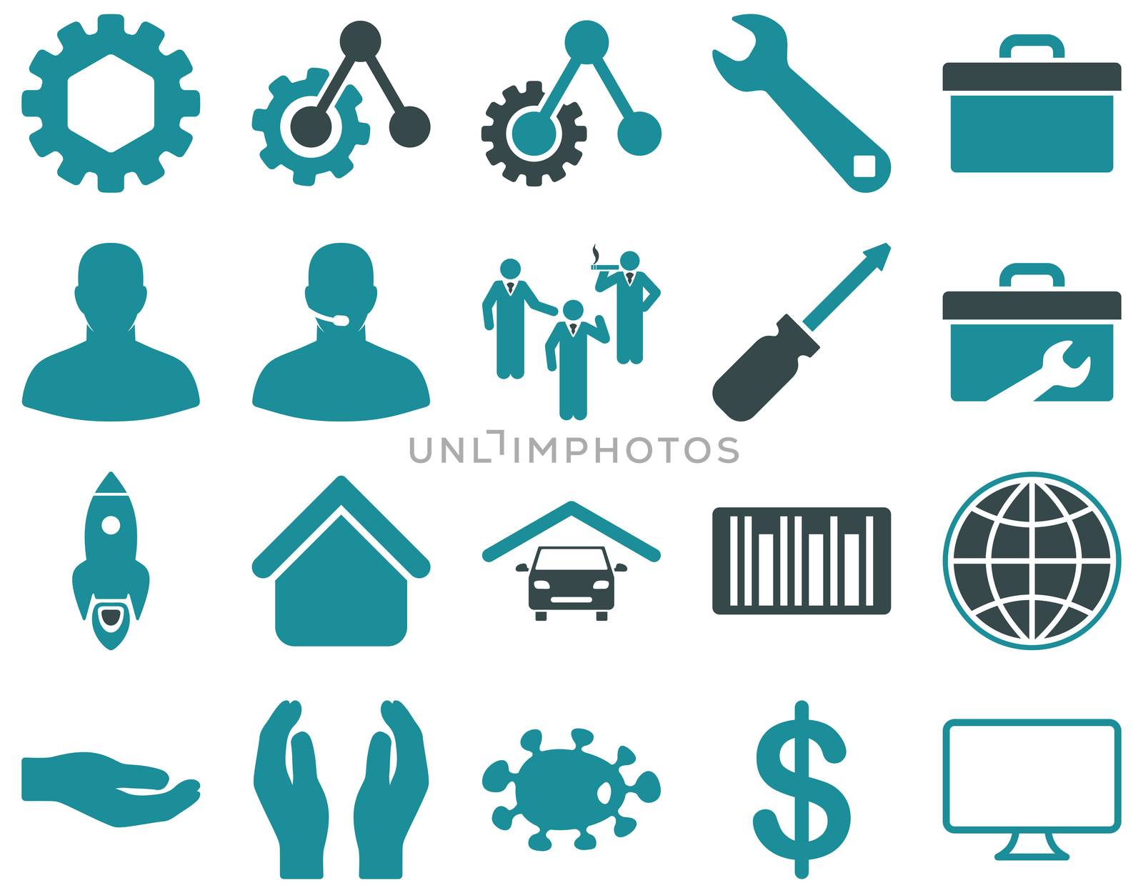 Settings and Tools Icons. Icon set style is bicolor flat images, soft blue colors, isolated on a white background.