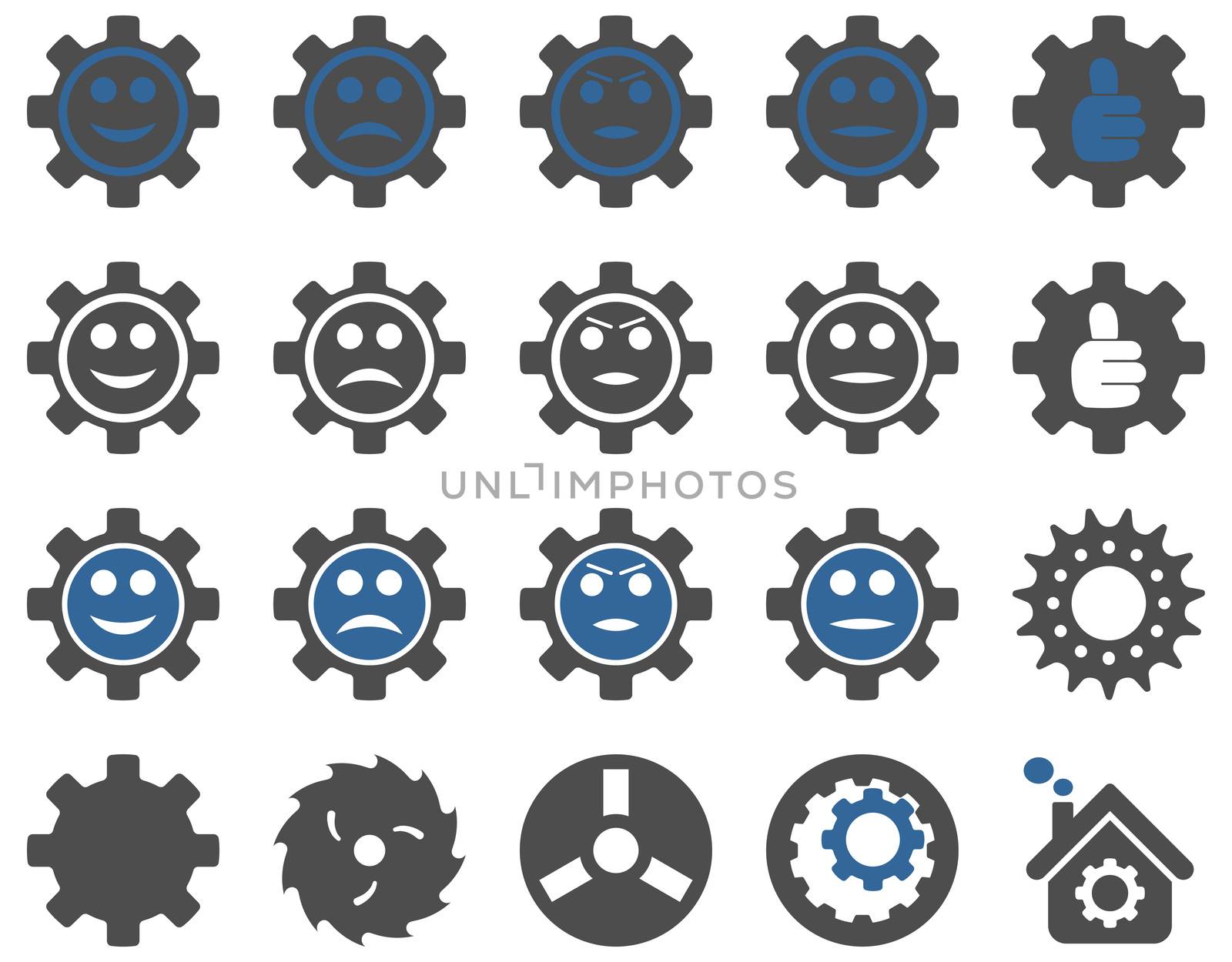 Tools and Smile Gears Icons. Icon set style is bicolor flat images, cobalt and gray colors, isolated on a white background.