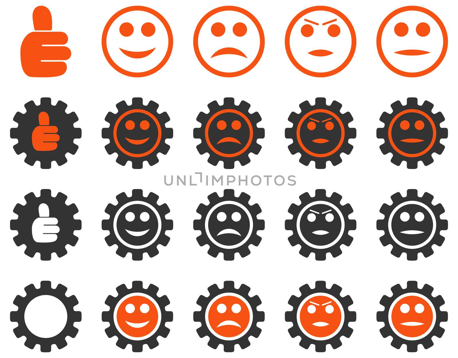 Settings and Smile Gears Icons. Icon set style is bicolor flat images, orange and gray colors, isolated on a white background.