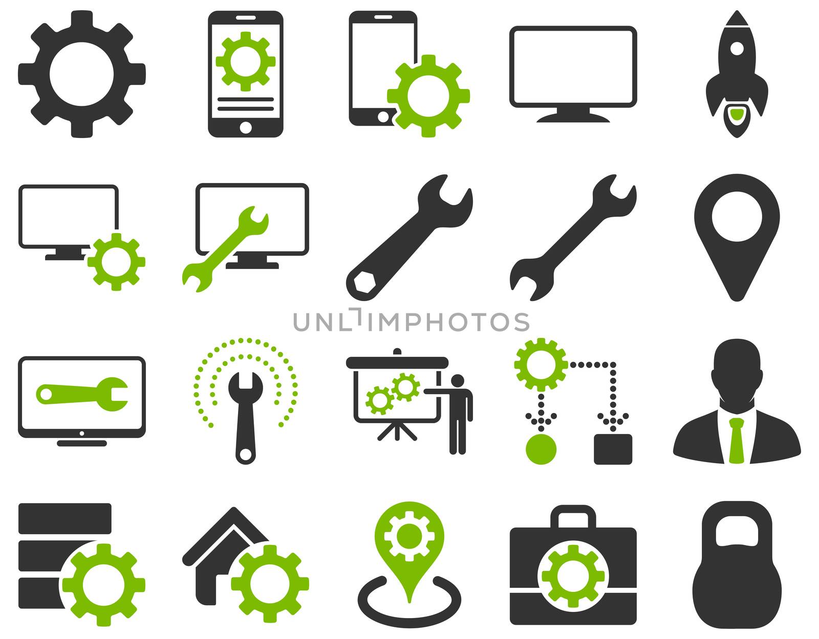 Settings and Tools Icons. Icon set style is bicolor flat images, eco green and gray colors, isolated on a white background.