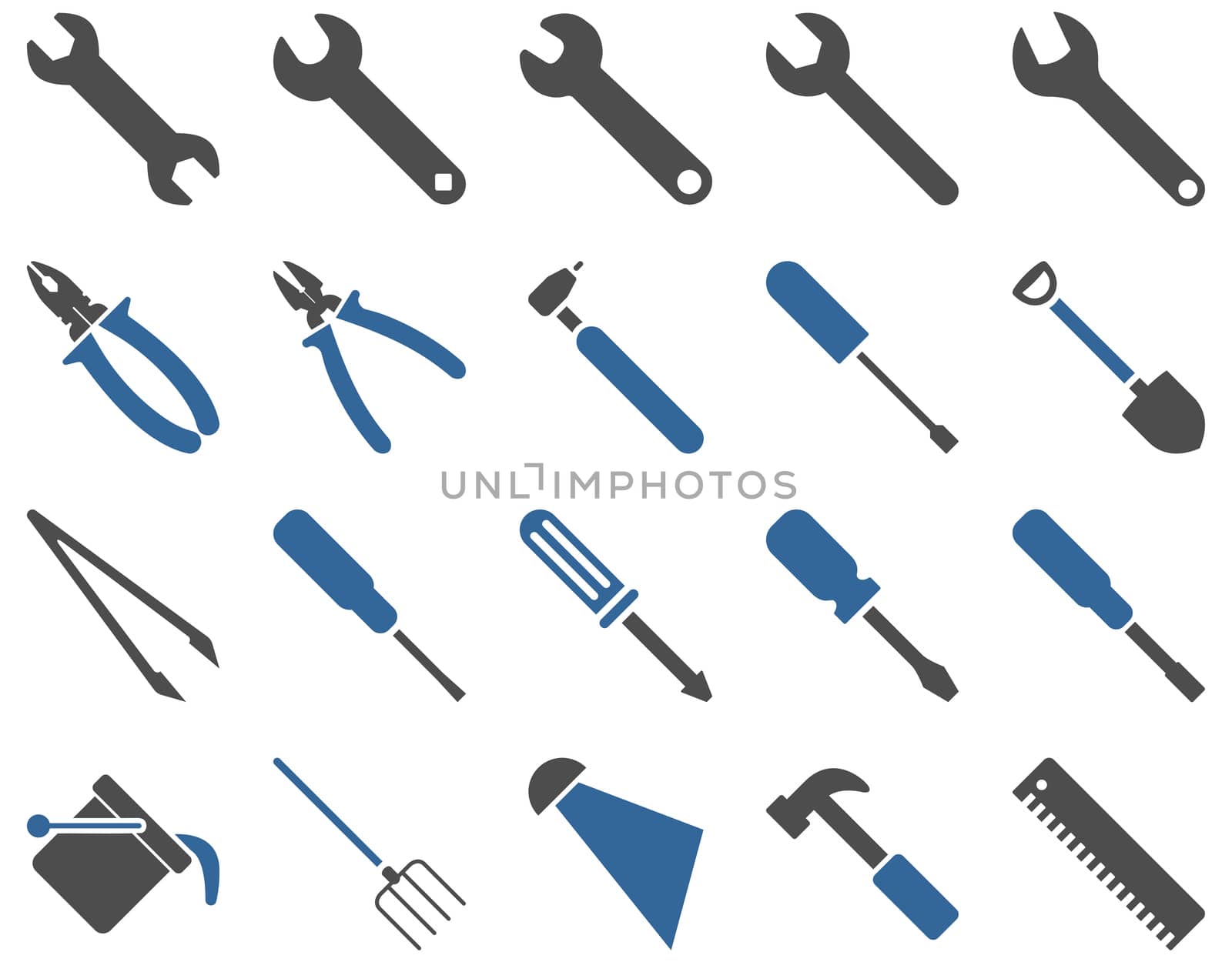 Equipment and Tools Icons. Icon set style is bicolor flat images, cobalt and gray colors, isolated on a white background.