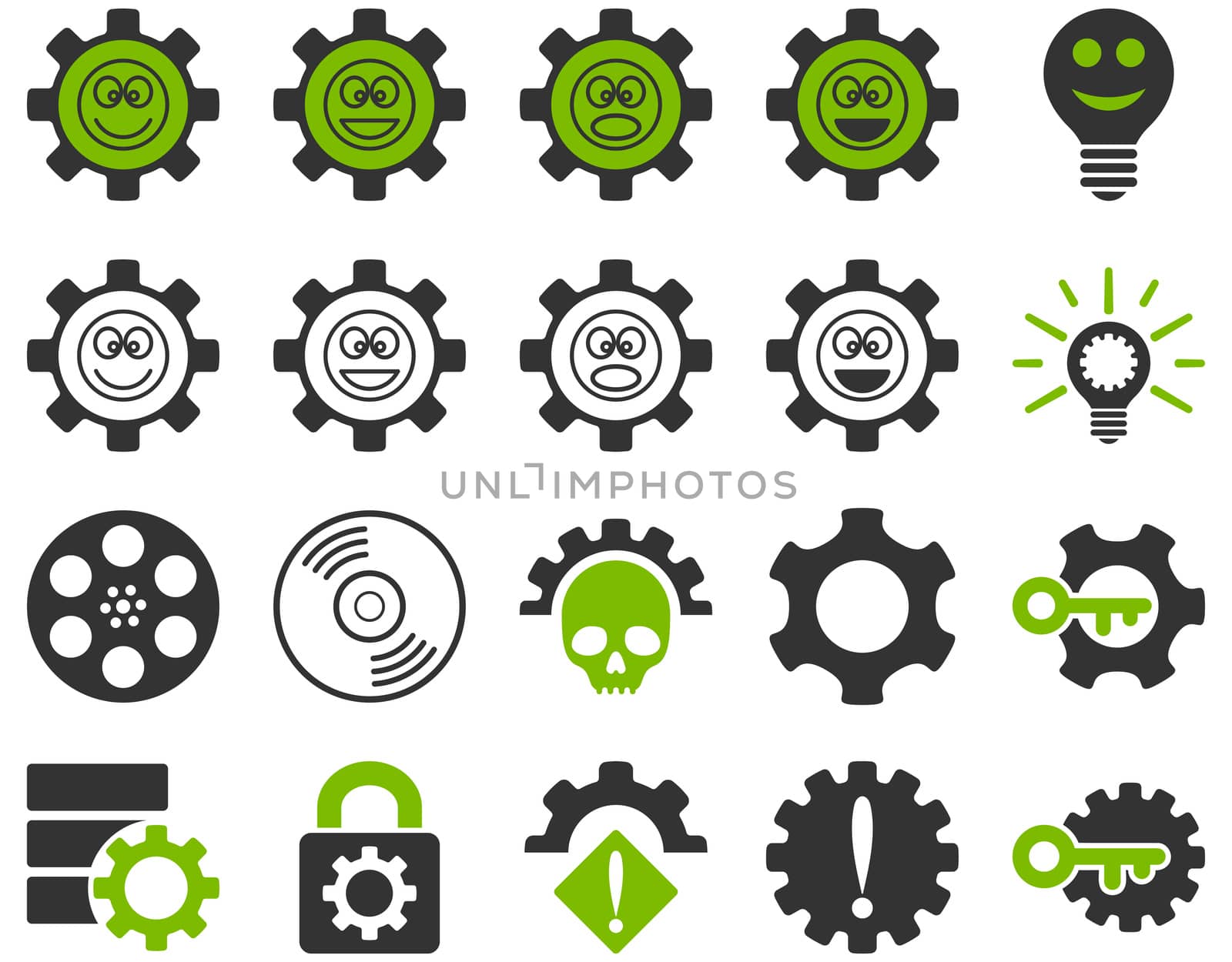 Tools and Smile Gears Icons. Icon set style is bicolor flat images, eco green and gray colors, isolated on a white background.